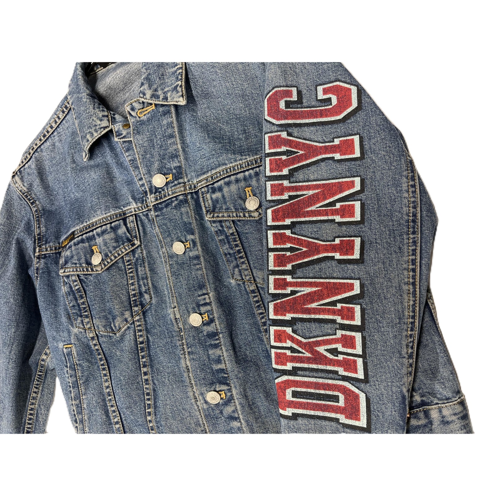 VTG DKNY Spellout Logo Womens’ Blue Jean Petite Button-Up Denim Jacket Size PM