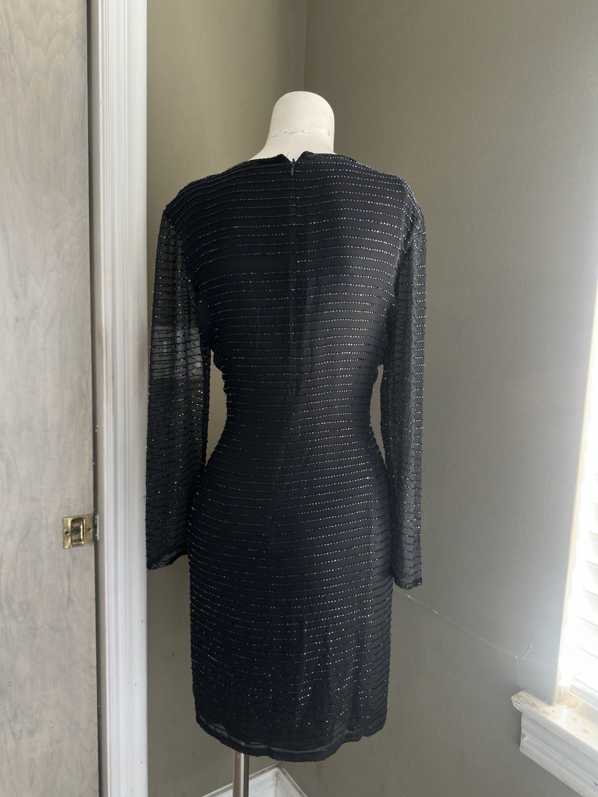 Vintage 80’s Silk Sequin Beaded Party Dress, Sheer, Lining L sleeves byt Bieff