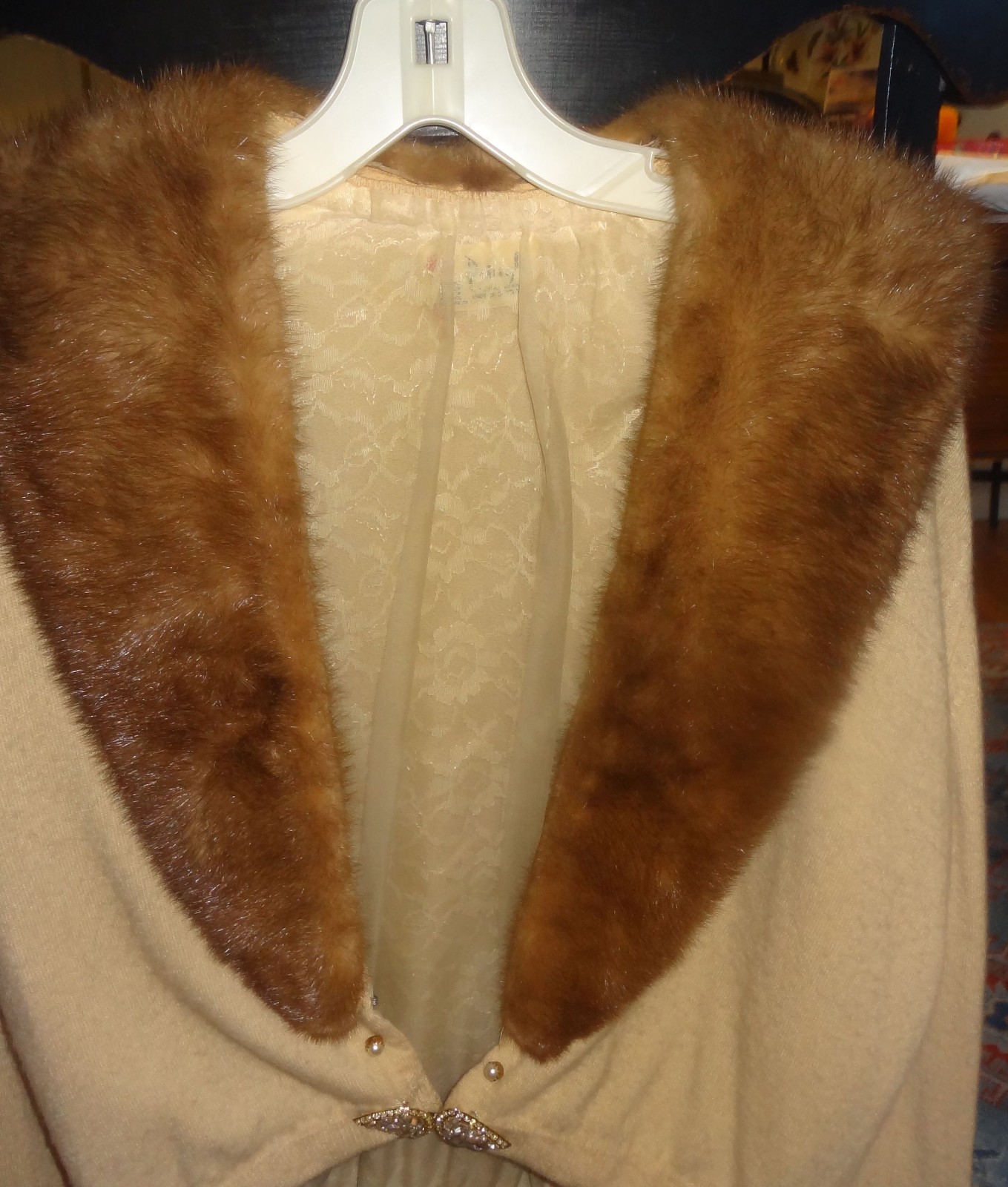 1950’s Pringle Scotland Cashmere Cardigan Mink Fur Collar Yellow Royal Warrant