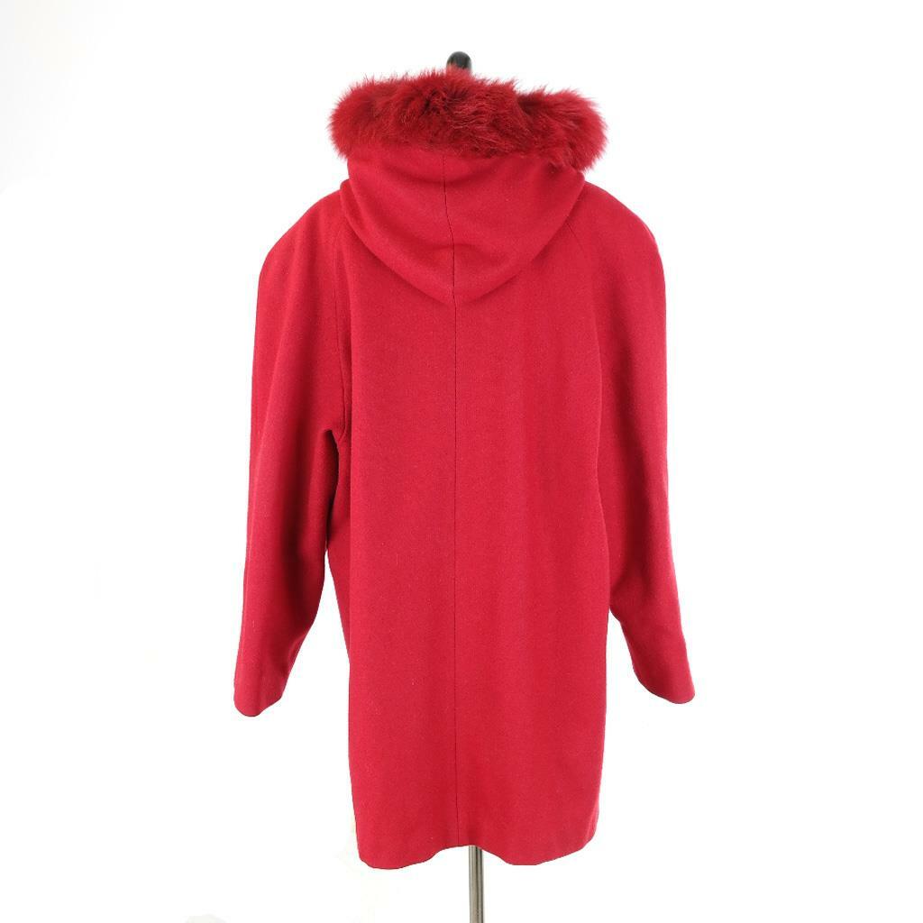 VTG 90s Komitor Red Wool Hooded Coat Genuine Dyed Fox Fur Union Made USA Sz L