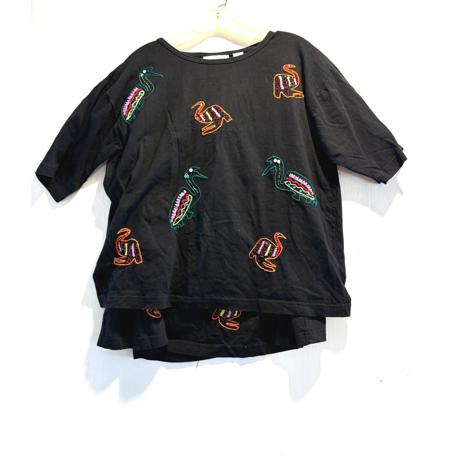 Passports Pier 1 Imports Vintage Black Cotton Embroidered Bird T-Shirt Medium