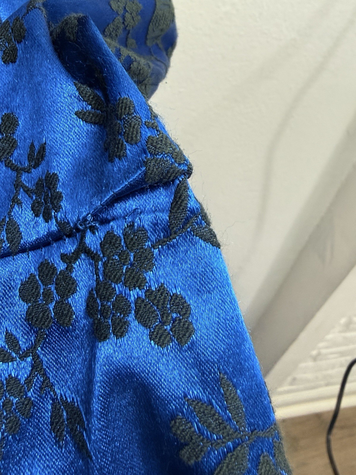 Vintage 90s L.A. Glo S Blue Black Floral Brocade Strapless Maxi Dress USA