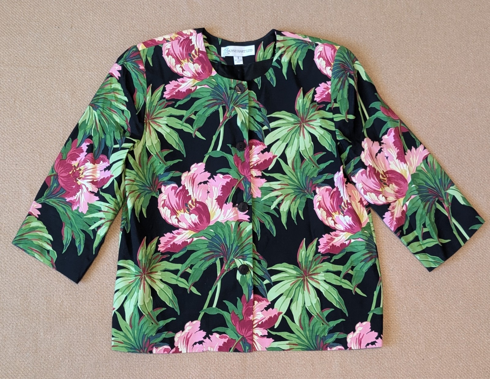 Vintage Ilyse Hart Ltd Tropical Floral Rayon 3/4 Sleeve Blazer Jacket