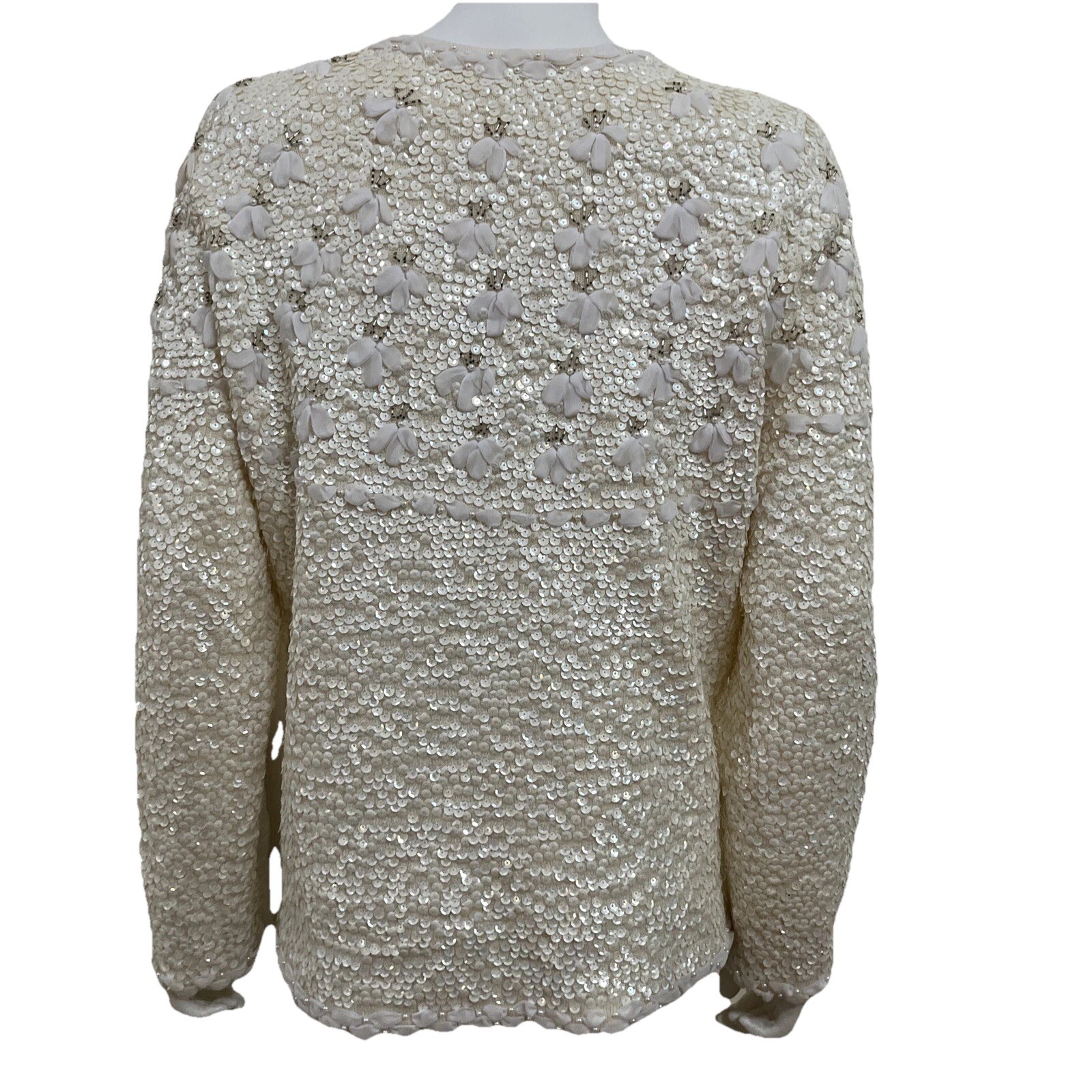 Vintage 1960s White Bouclé Cardigan Sweater Women’s Large Tailored Wool Beaded