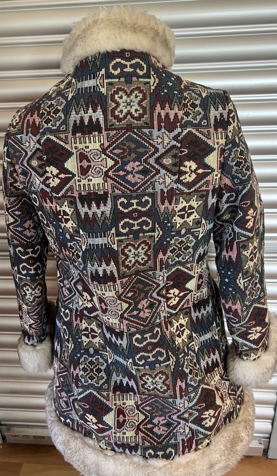 Vtg 60’s Boho Tapestry Carpet Coat Faux Fur