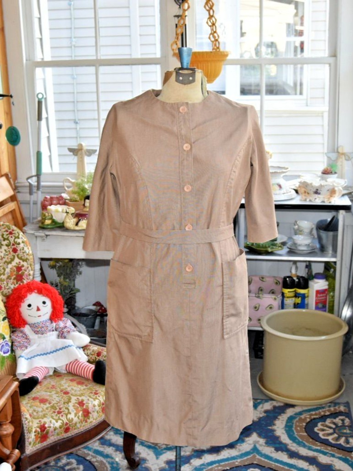 Vintage 1960s Lord & Taylor Shirt Dress Belt Made in France Cotton Khaki Medium