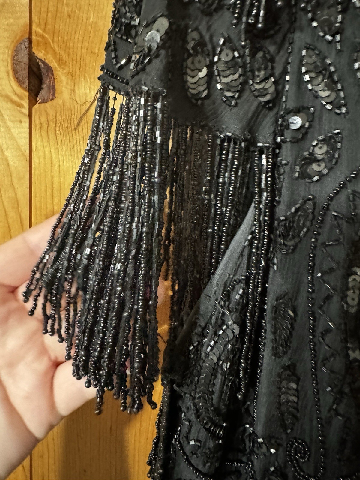 Mid 1990’s Black Tan Chho Sequinned & Beaded Dress with Fringe 2X BUST 44-48”