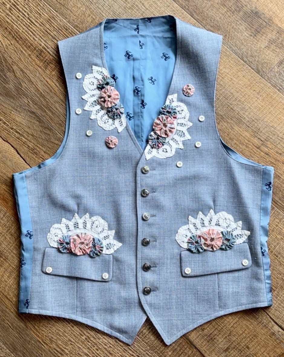 Handmade Blue Floral Lace Vest Womens Boho Victorian Cottagecore S M