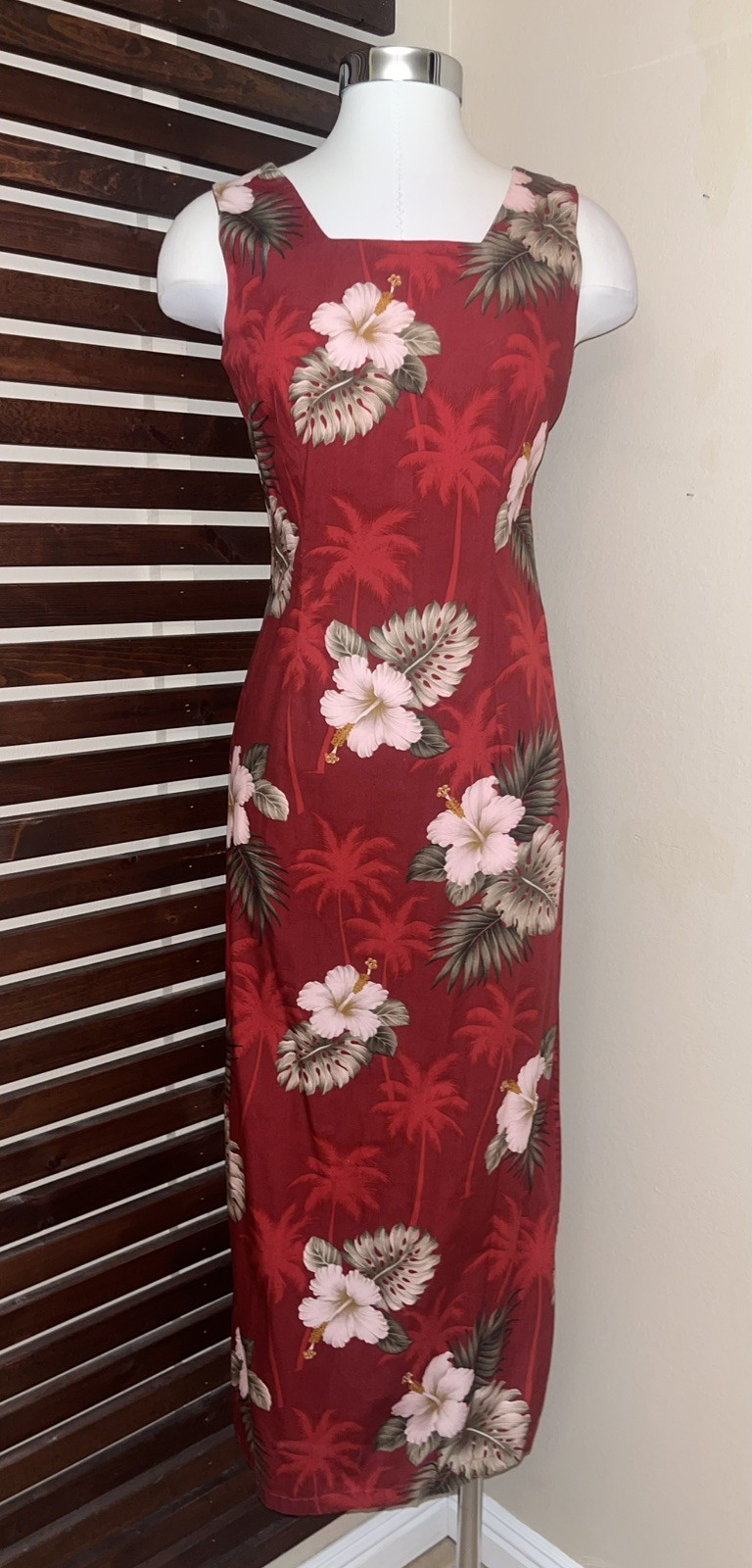 1990s 90s Vintage Red Hibiscus Floral Hawaiian Sleeveless Maxi Dress Side Slit S