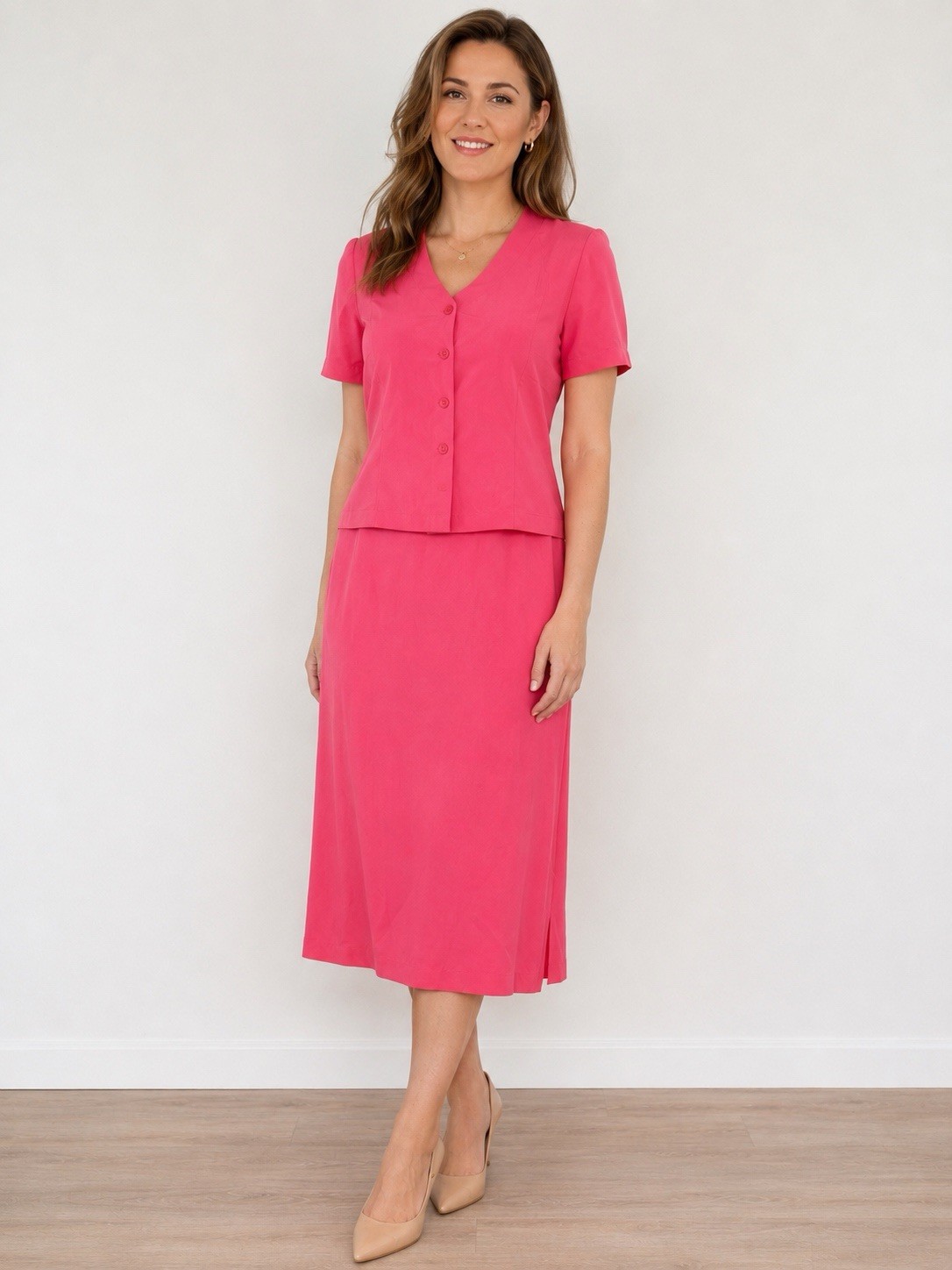 Victoria Holley 100% Silk Pink 2 Pc Dress Suit Set Women’s Size L NWT Vintage