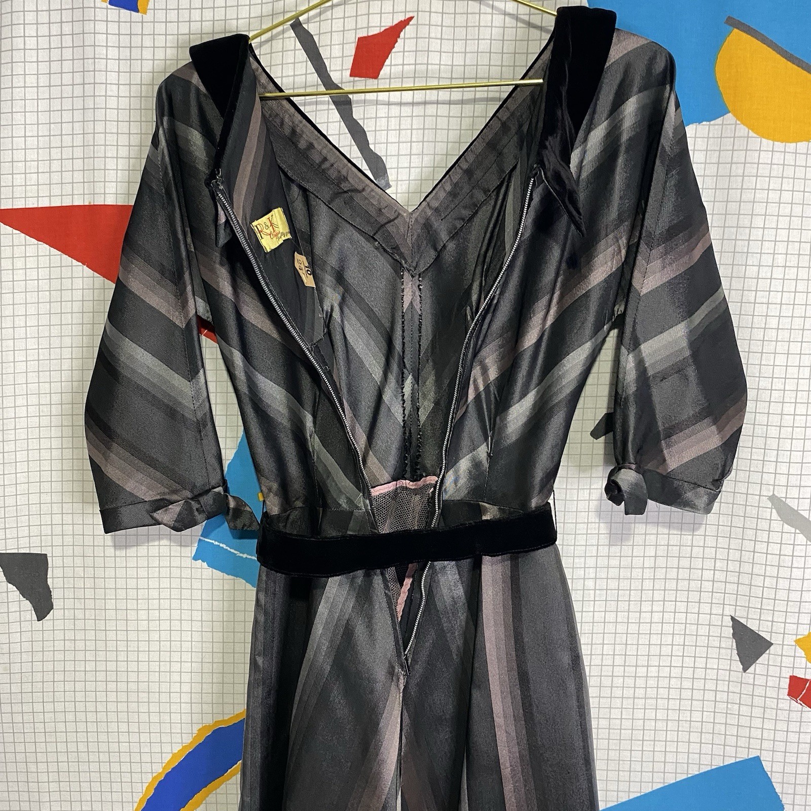 Vintage 40s 50s R&K Chevron Dress Velvet Stripe M Ombré Rockabilly Lurex Taffeta