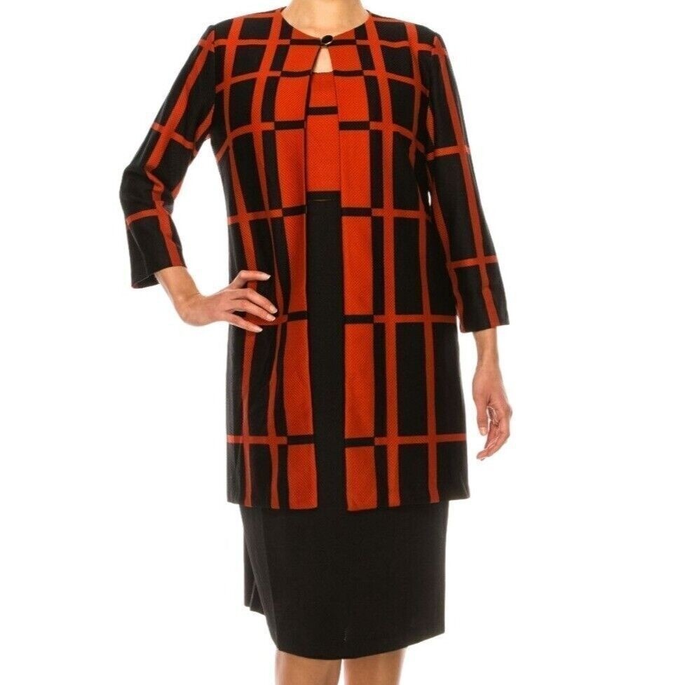 Danny & Nicole Size 16 Women’s Knit Windowpane Jacket Dress 2PC Set Red Black