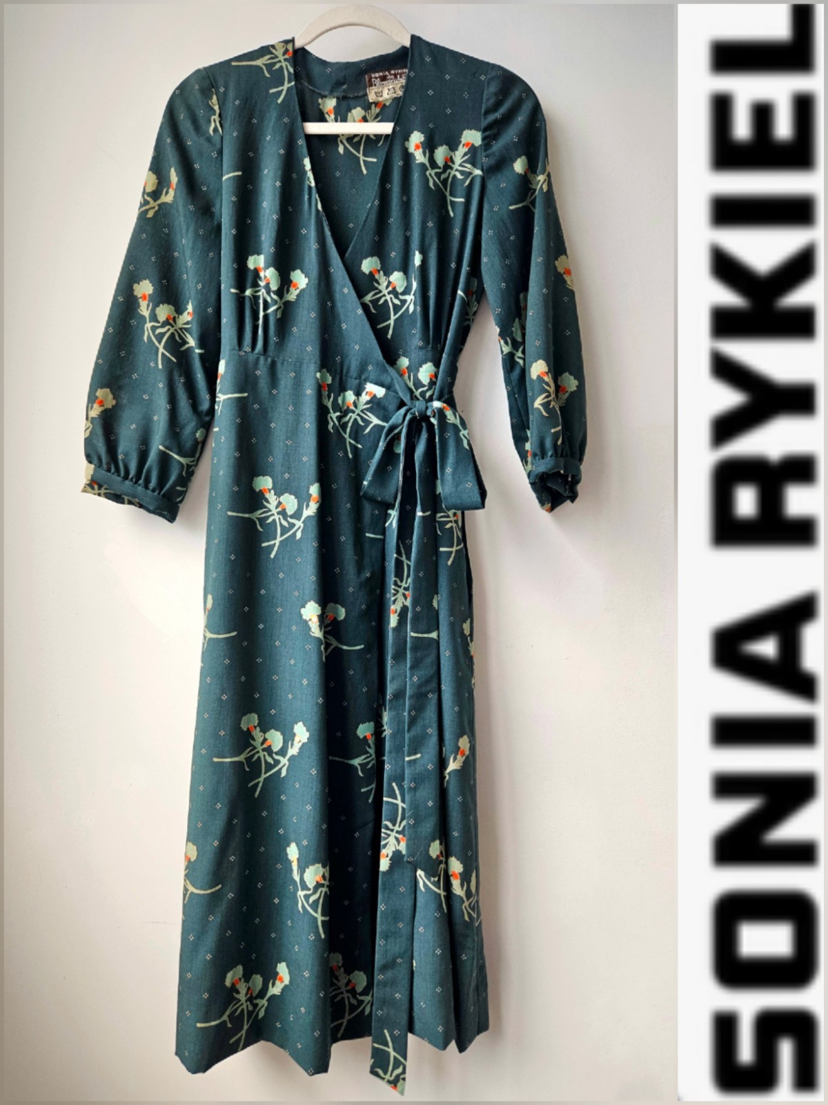 Sonia Rykiel Vintage 70’s Green Floral Long Sleeve Wrap Dress