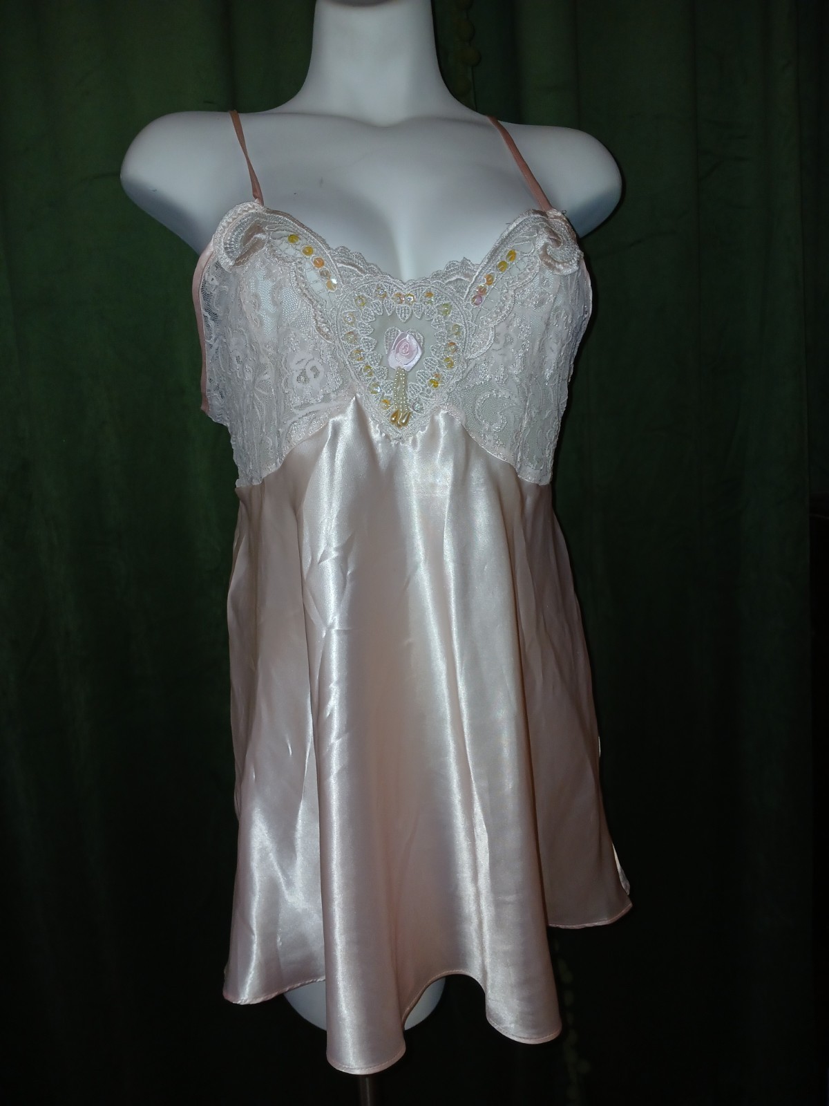 Vintage Pink Liquid Satin Heart Lace Sequins Pearl Rose Nighty Lingerie M EUC