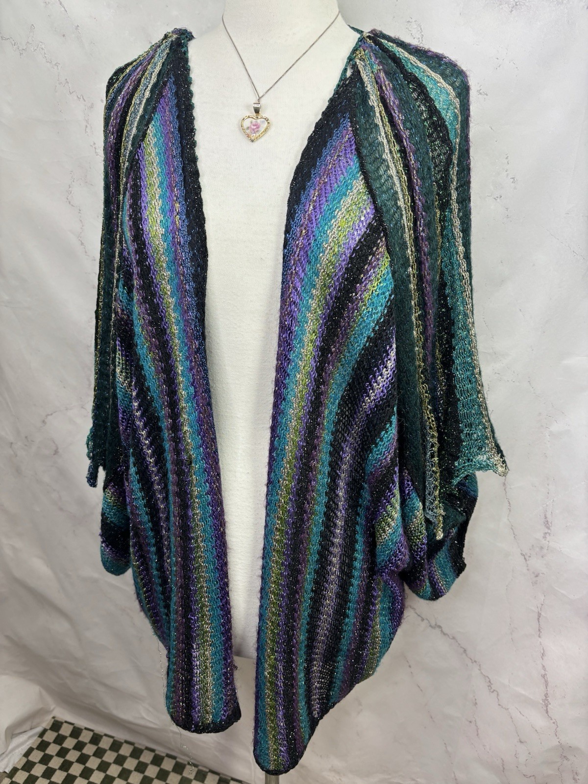 Vtg Mali Firenze Metallic Knit Cardigan Slouchy Duster Kimono Shrug Whimsigoth