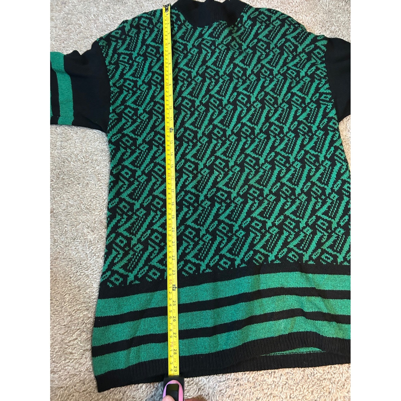 Helen Hsu Sweater Women Large Green Geometric Knit Vintage Mock Neck Soft