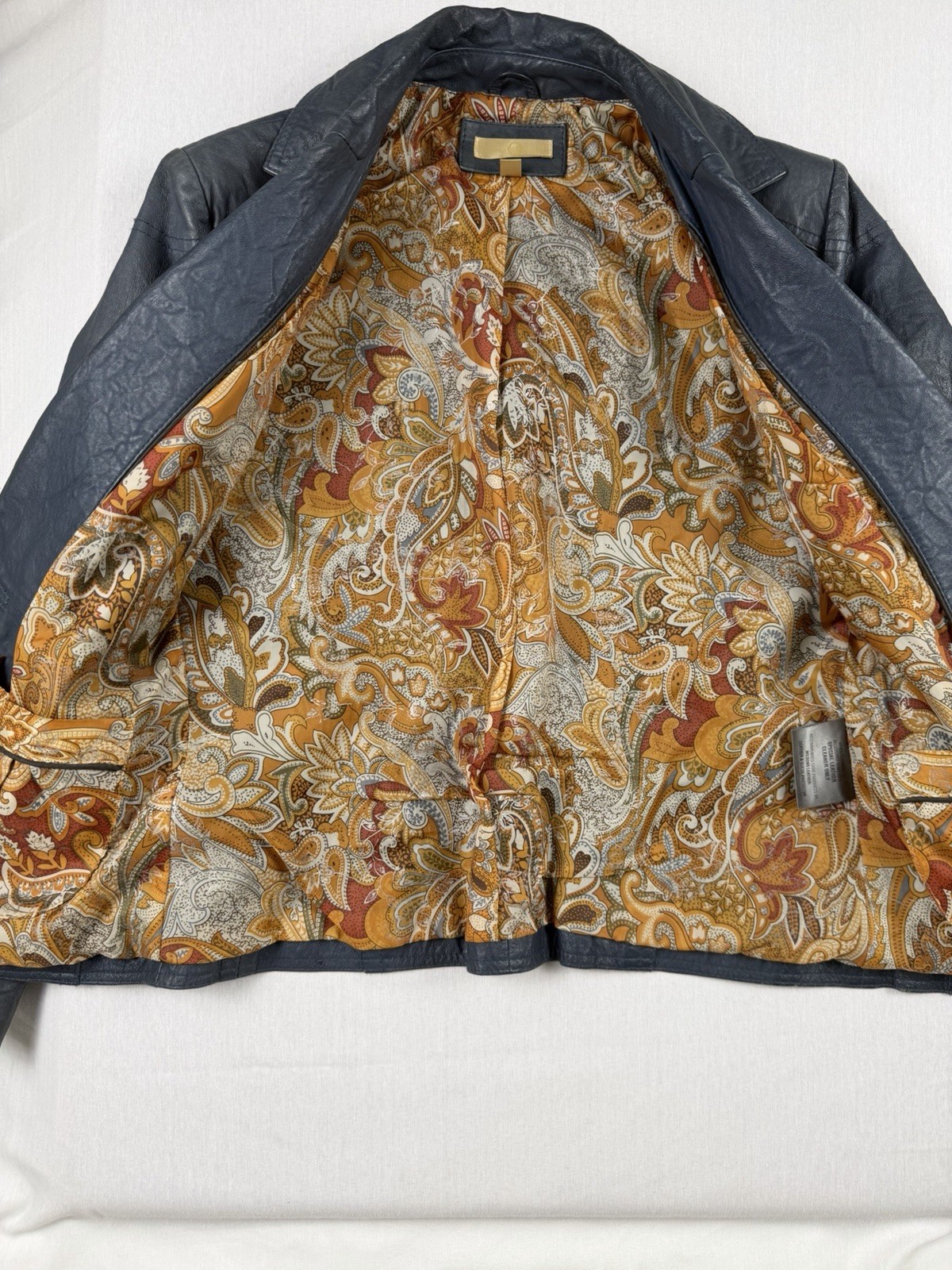 Vintage Wilsons Leather Pintuck Blazer Jacket Small Blue Charcoal Paisley Lined