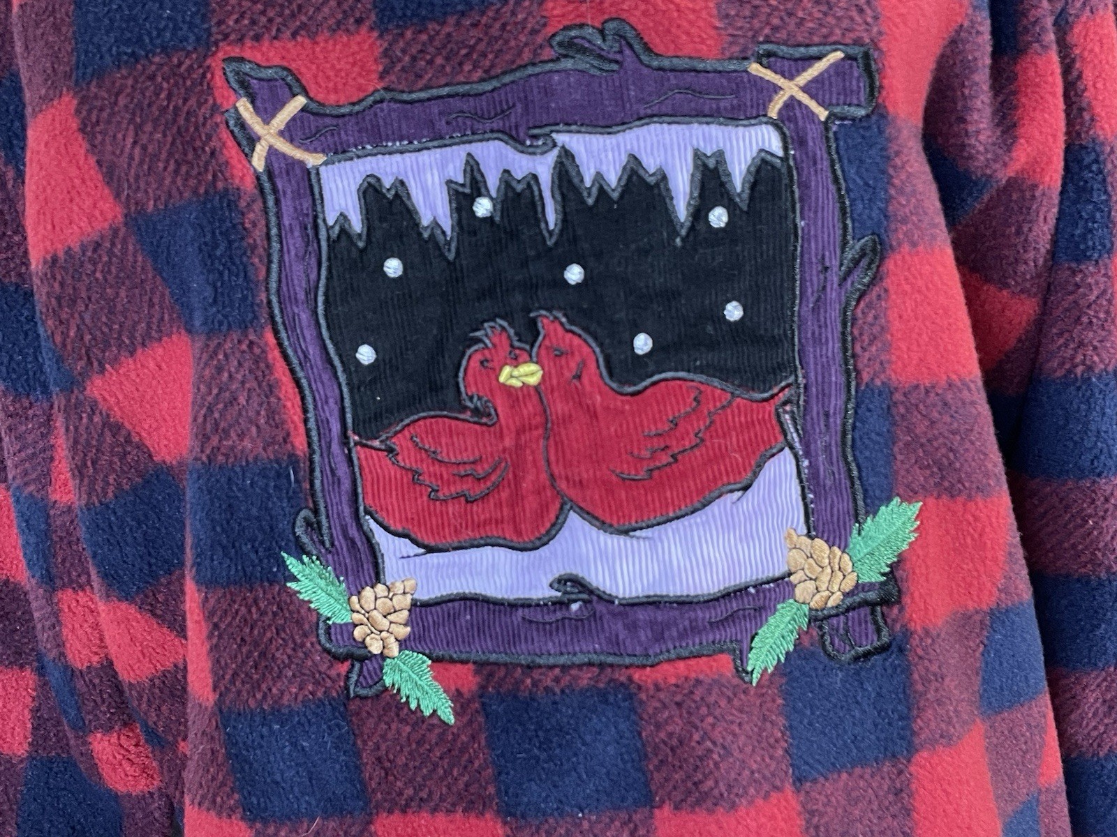 Quacker Factory Buffalo Plaid Fleece Quarter Zip Pullover Bird Embroidered M VTG
