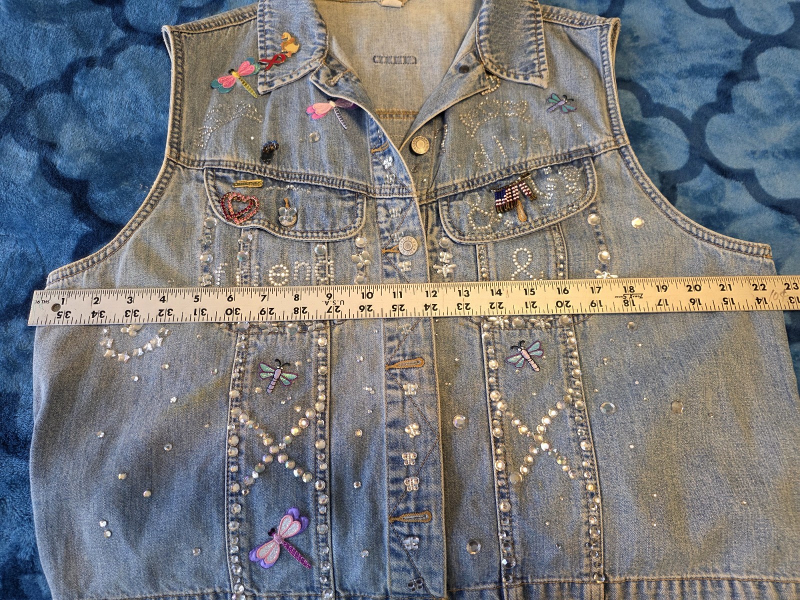 Vtg Old Navy Large Womens Jeans Vest Diva Patches Jeweled Pins Biker Vest