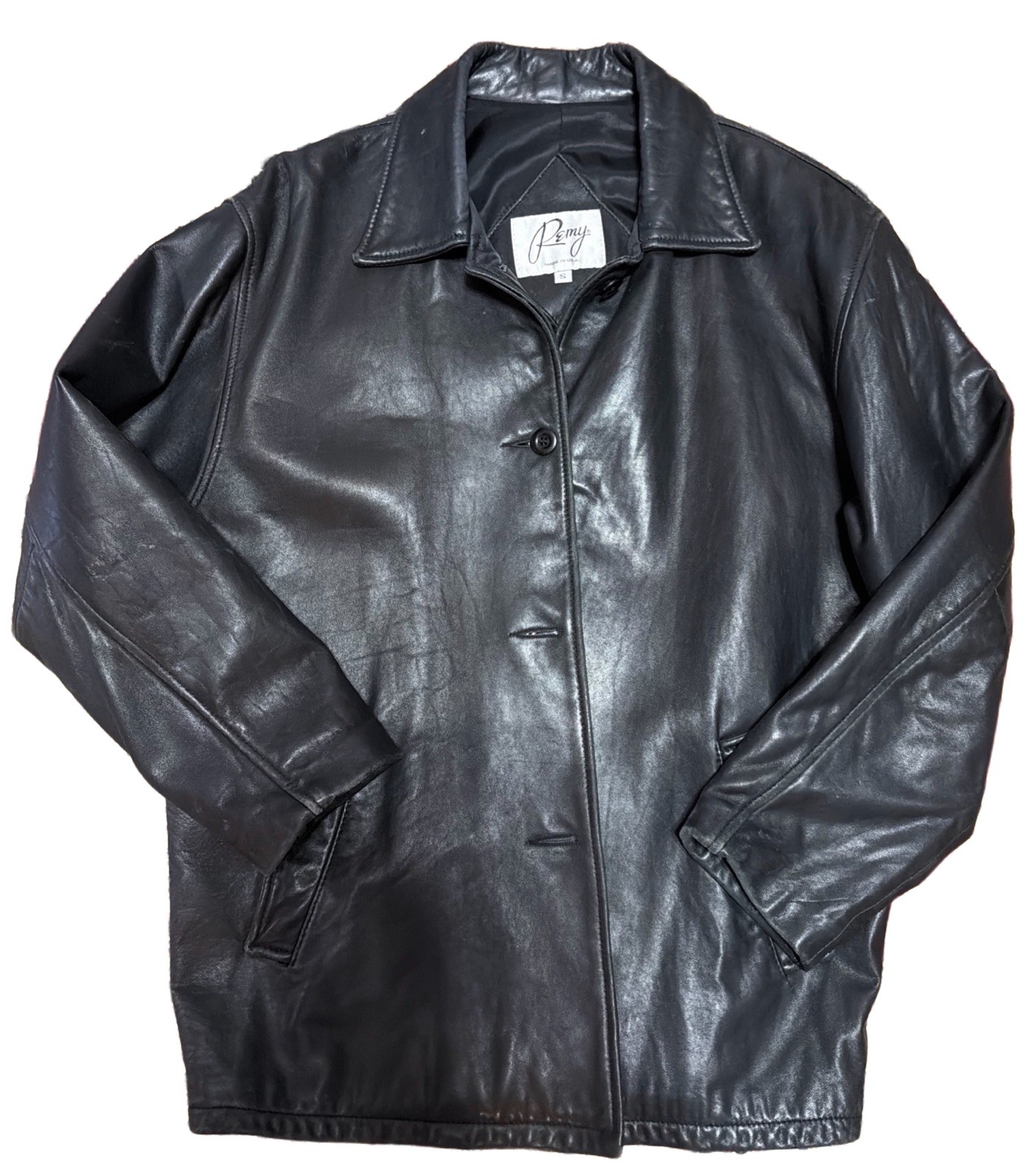 Vintage small Women’s Black Button Down Leather Remy coat Satin Interior Lining