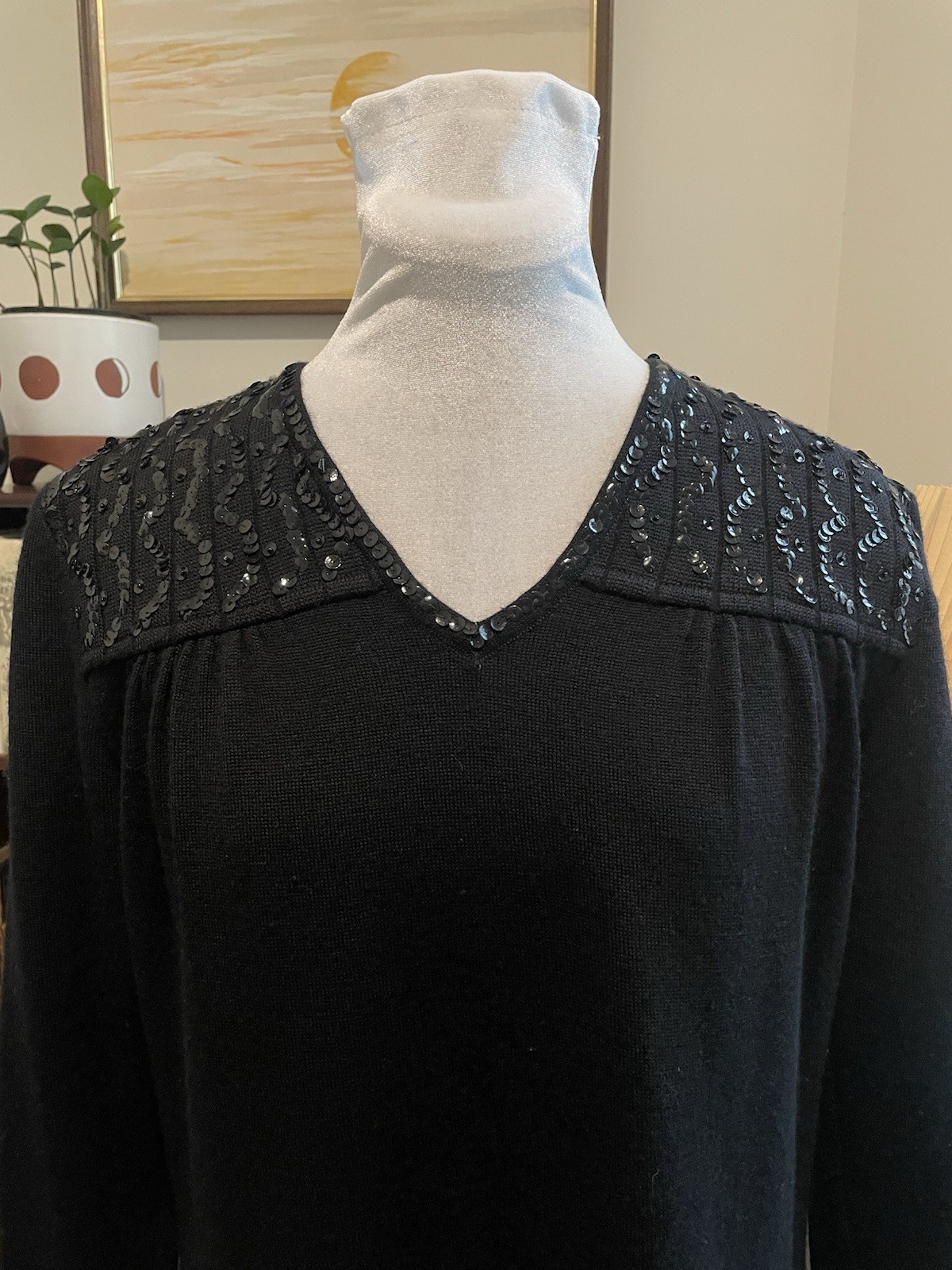 Vintage 60s Garfinckel’s Black Wool Knit Sequin Evening Dress Fits Size 8