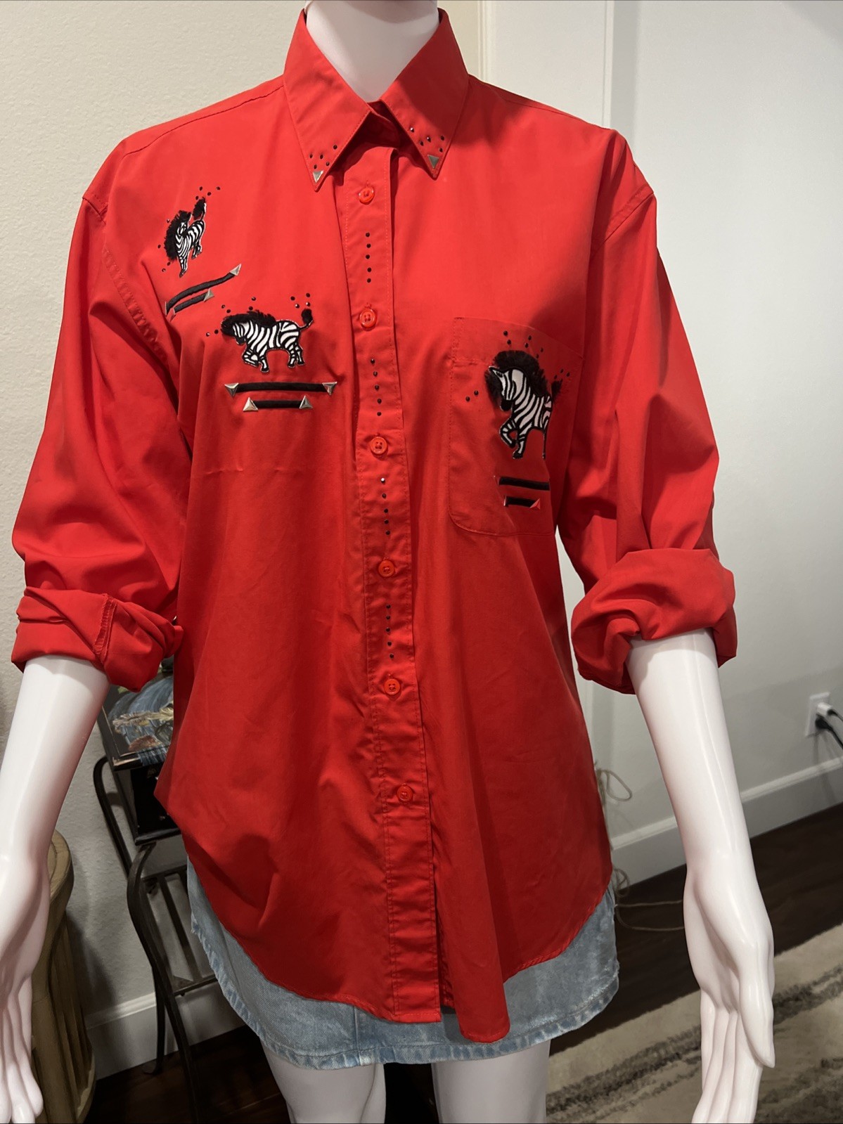 1980s-1990s Las Olas Red Blouse With Zebra Appliqués