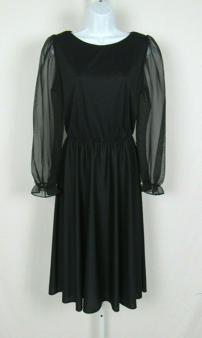 VTG 1960s GEORGE ORIGINALS BLACK DRESS SIZE 12 POLY CHIFFON ARMS RIBBON BELT