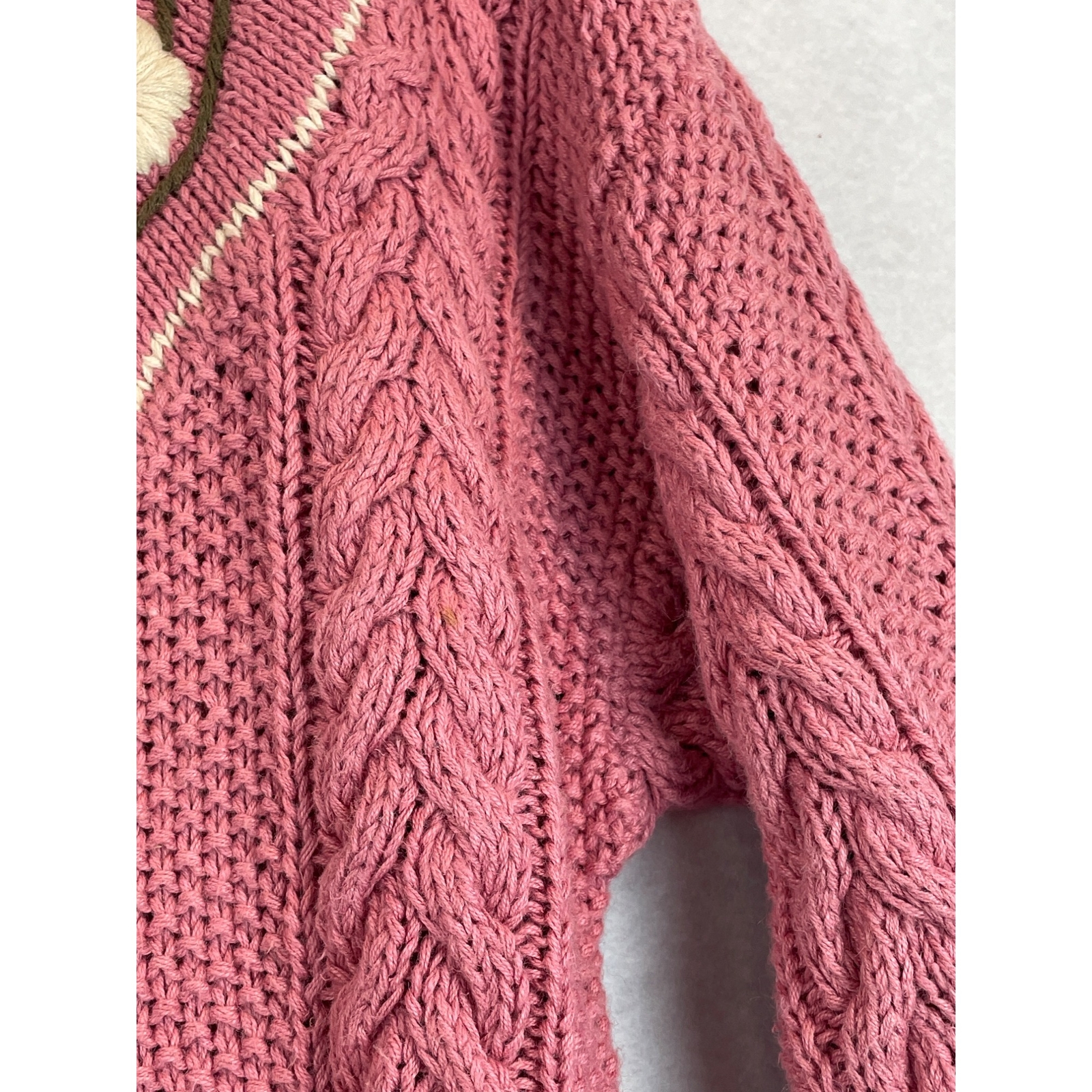 Vintage 80s 90s Melbourne Country Sweater Pink V Neck Floral Hand Knit Size M