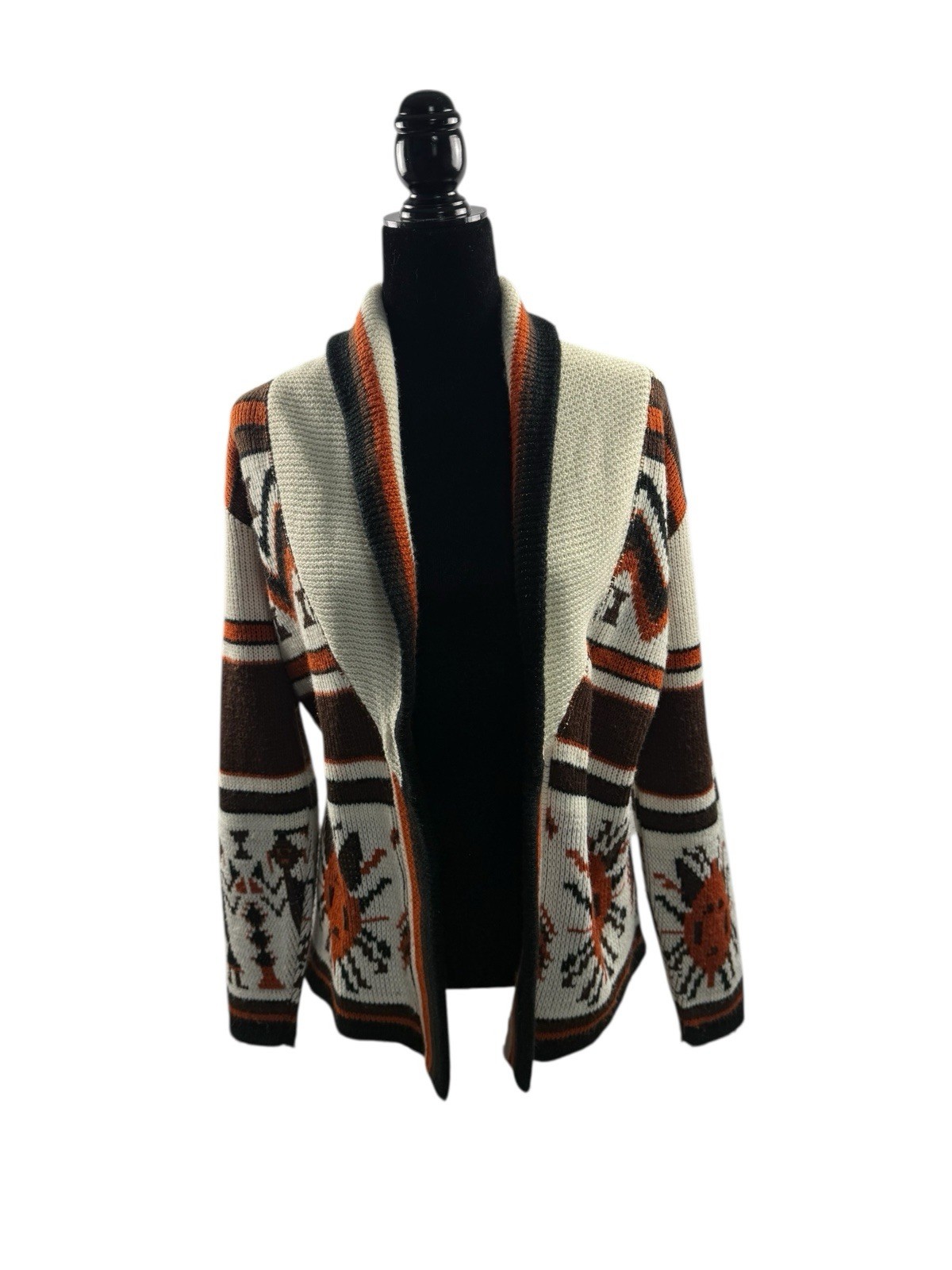 VTG Cardigan Sweater Aztec Knit Open Front Shawl Collar Earth Tones Sz S No Belt