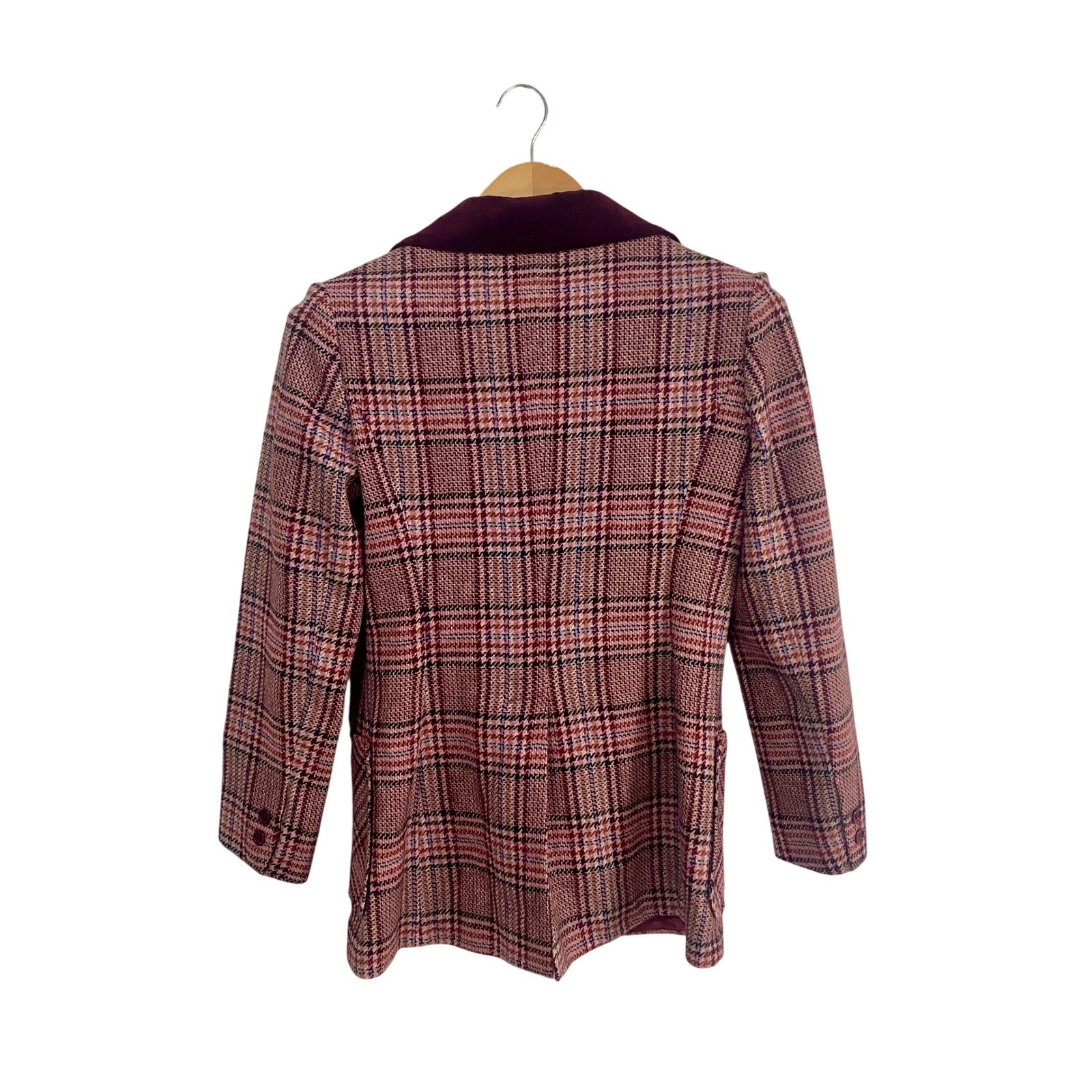 Vintage John Meyer 70s Plaid Wool Blazer Velvet Collar Double Breasted Pink 10