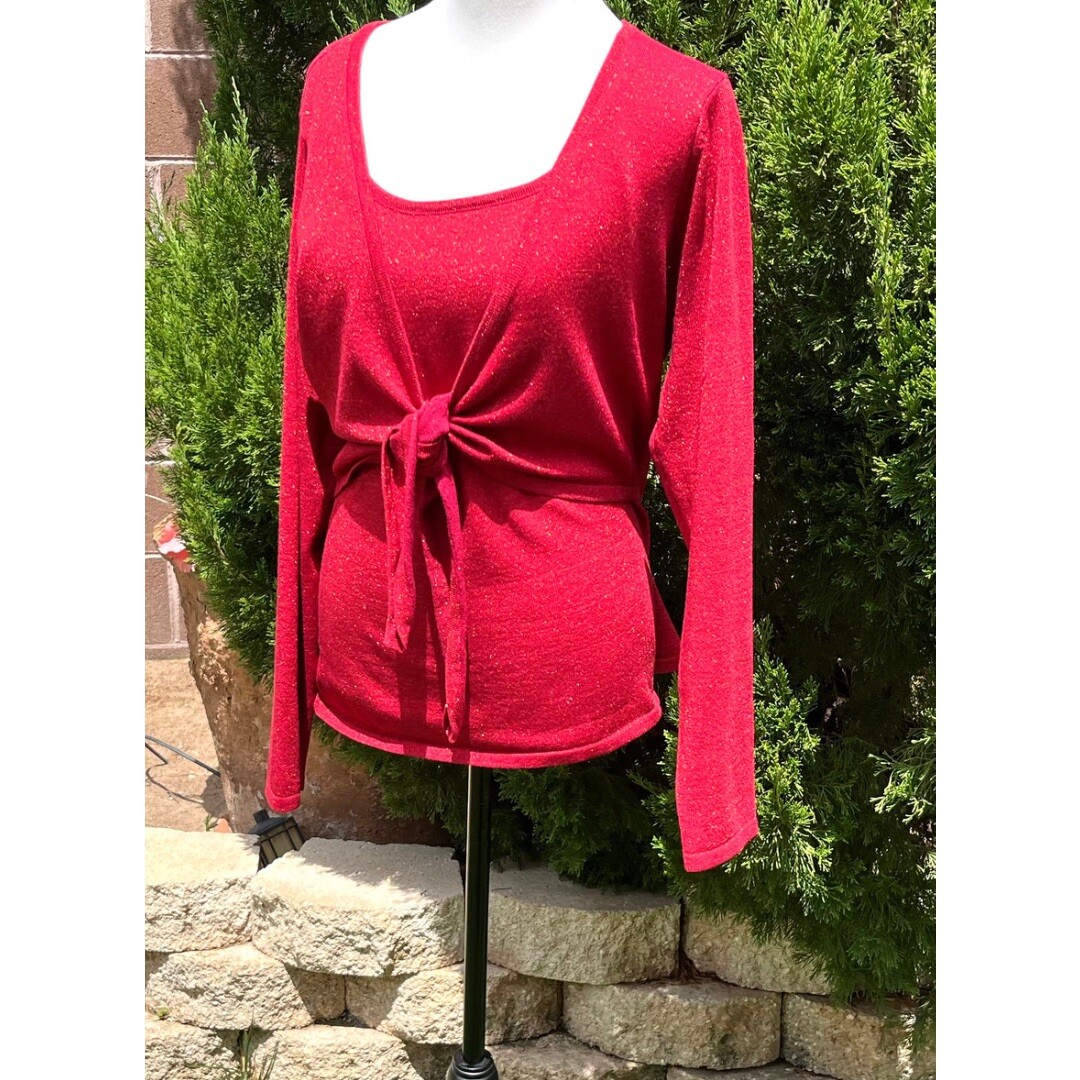 Blouse Red Size:XL Vintage Shimmery Pull Over Tie Front By NY Collection