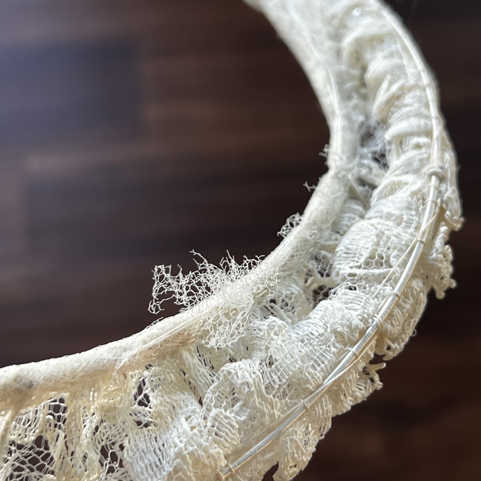 Vintage 1940s Ecru Lace + Pearl Bridal Halo Art Deco Headpiece Crescent Crown