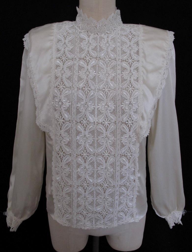 Vintage 80s 90s San Andre Ivory Romantic Blouse 6 S Lace Silky Liquid Satin