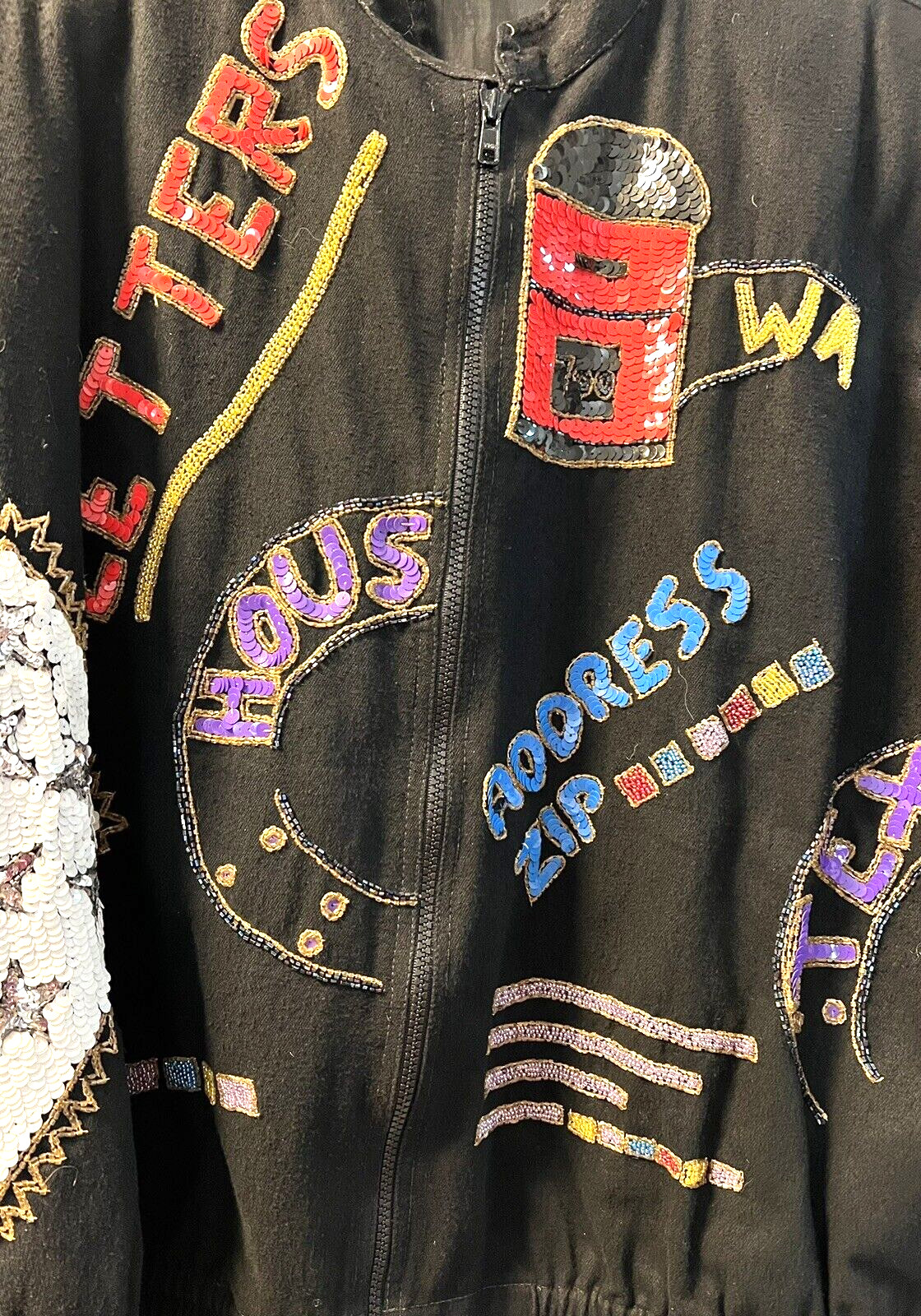 VTG 80’s MODI DENIM – US POSTAGE- Sequin Embellished Bomber Jacket Size 10/12