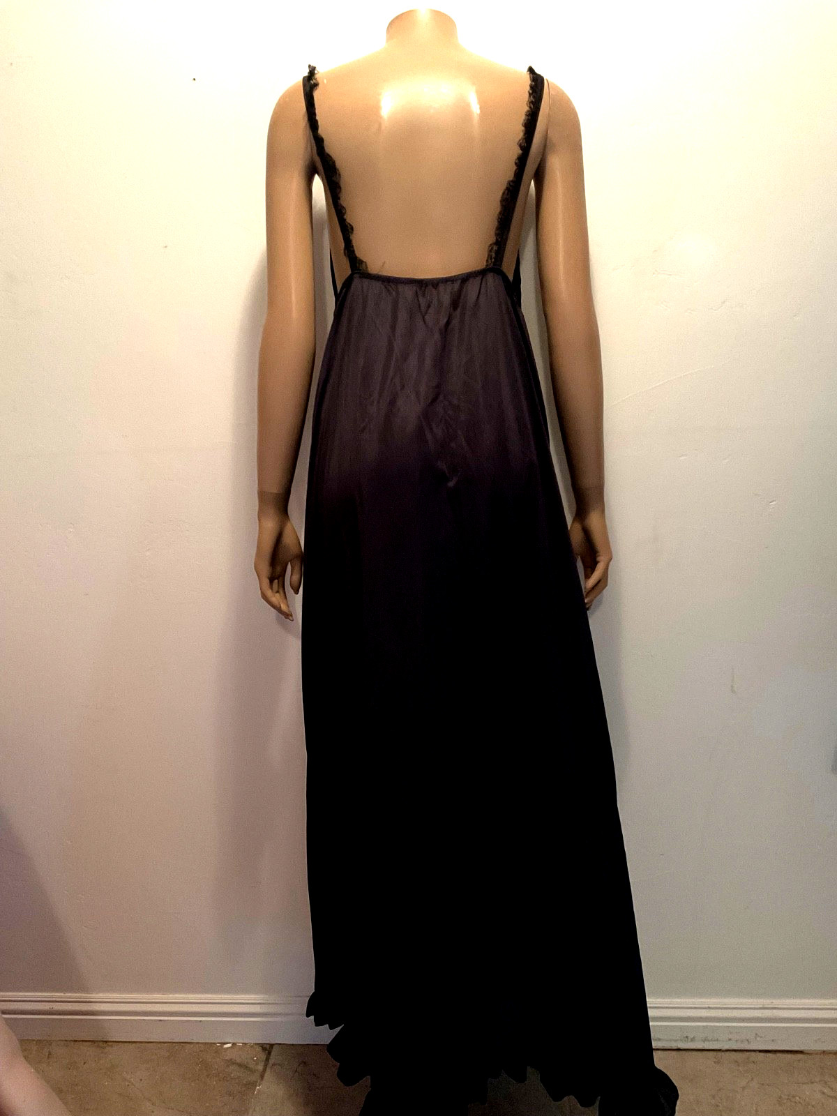 Vtg 1960s Black Silky Nylon Maxi Nightgown Lace Trim Ruffled Hem Large