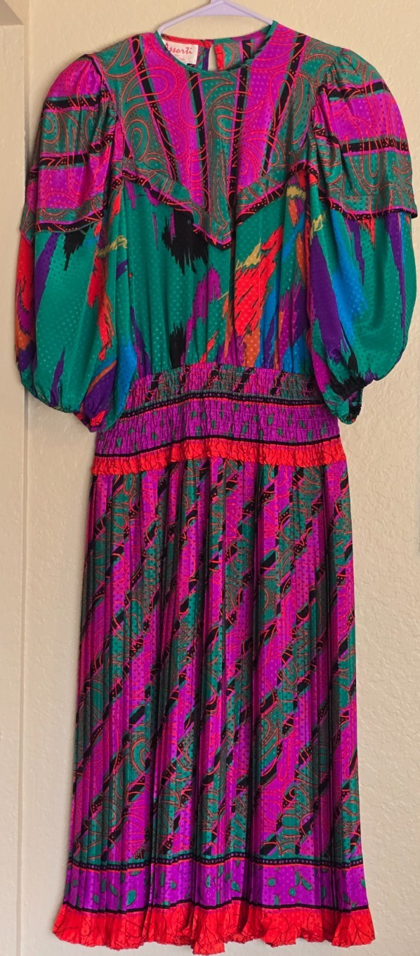 Vintage Assorti for Susan Freis Dress Womens Small Pink Red Green Pleated Ruffle