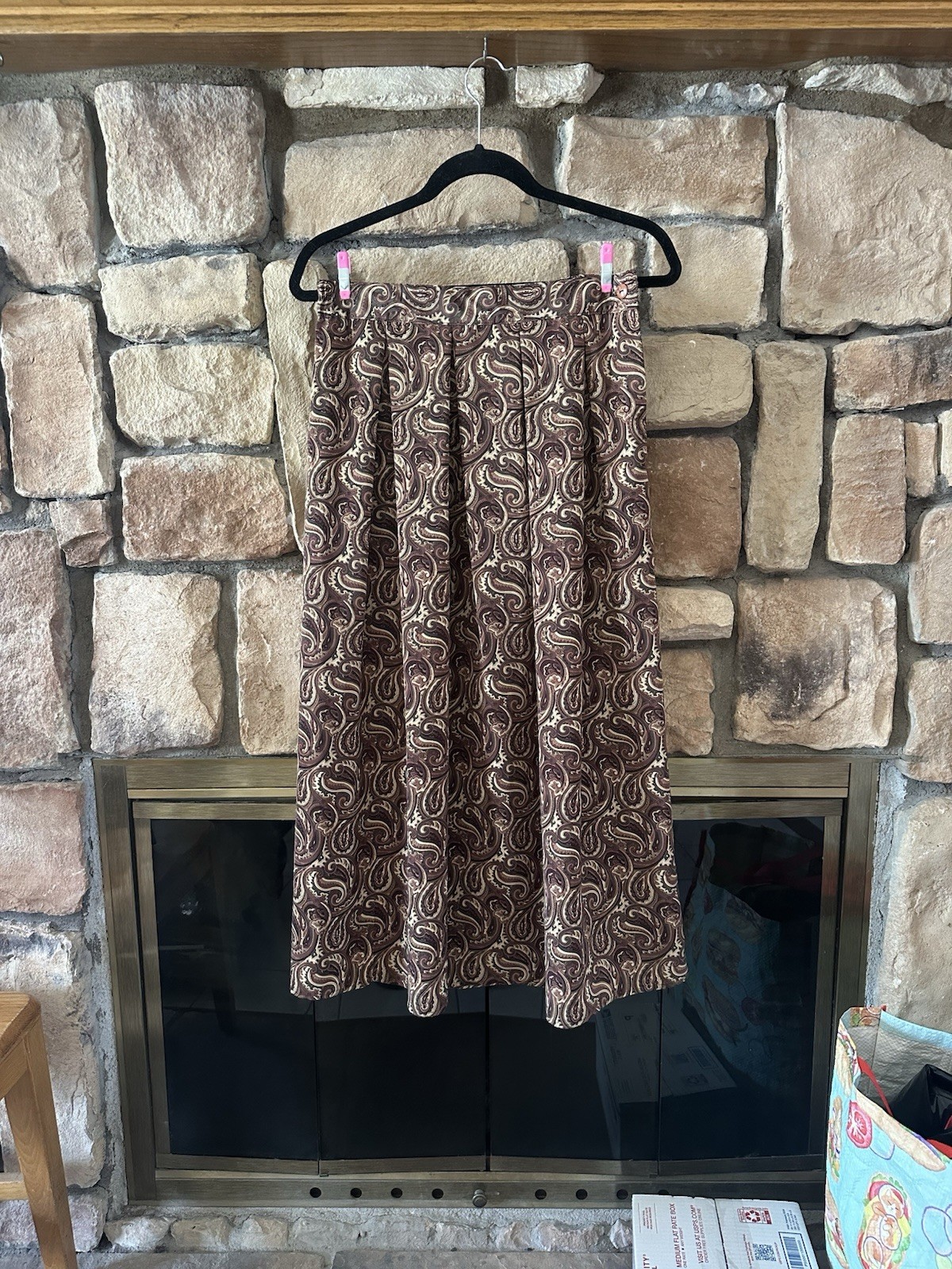VTG 80s Kensington Square Womens Sz M Midi Skirt Paisley Brown USA Stretch