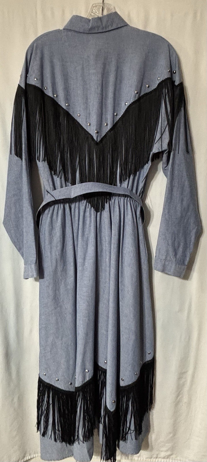 Vintage 80s Cowgirl Western Denim Fringe Midi Dress Large Button Up Long Sleeve