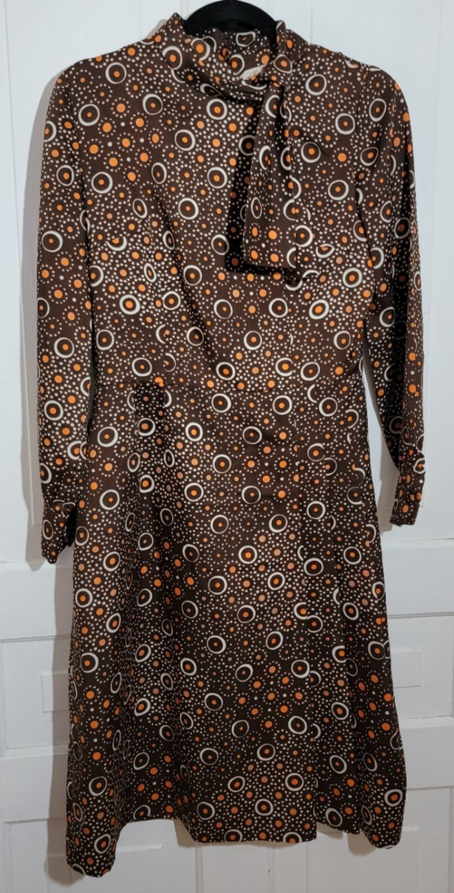 70s VTG Leslie Fay Original MOD ILGWU Union Mock Neck M Dress Polka Dots USA