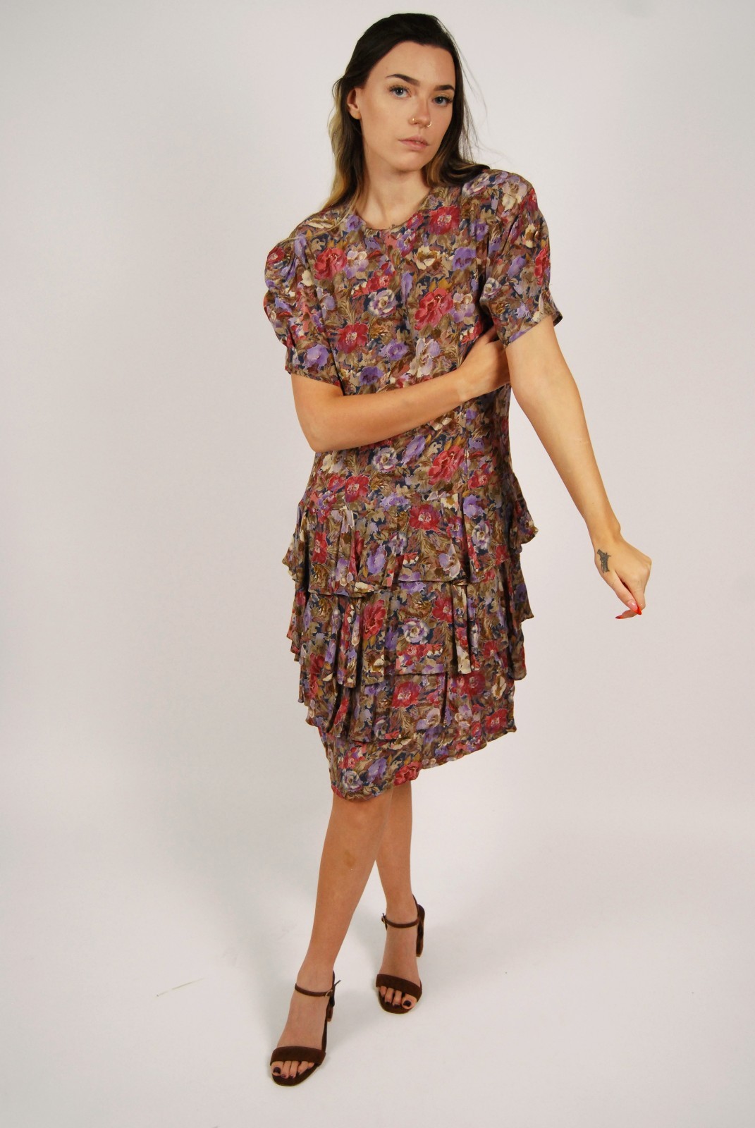 80s Ruffle Dress (L) large floral vintage tiered secretary geek indie twee midi