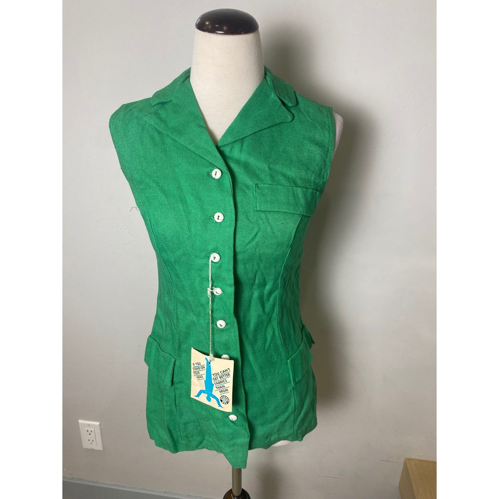 Vintage 60s Green Sleeveless Button Down Tunic Vest Mod Deadstock NWT Retro