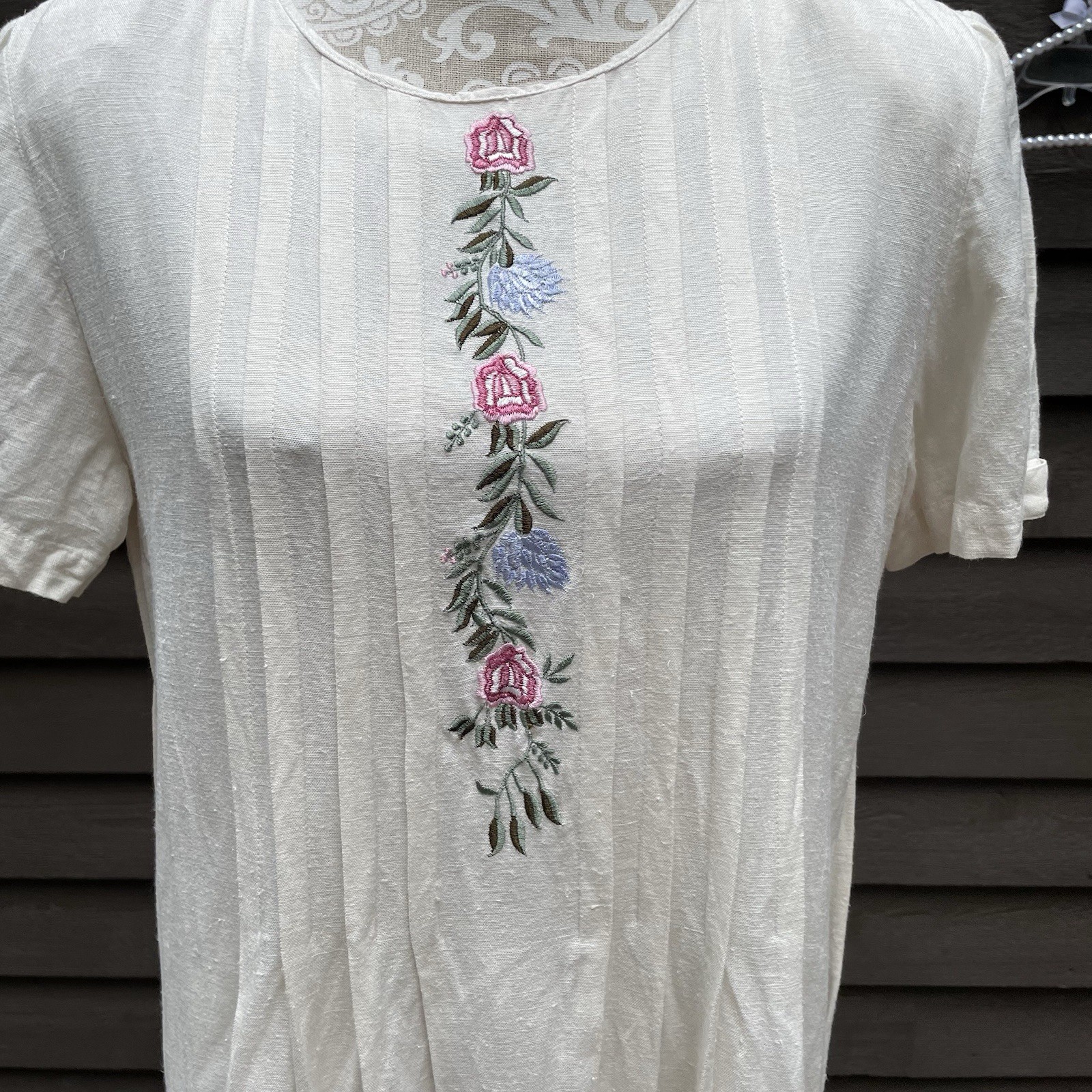Cottagecore Prairie White Embroidered Midi Dress Pintuck Linen Blend Karin Steve