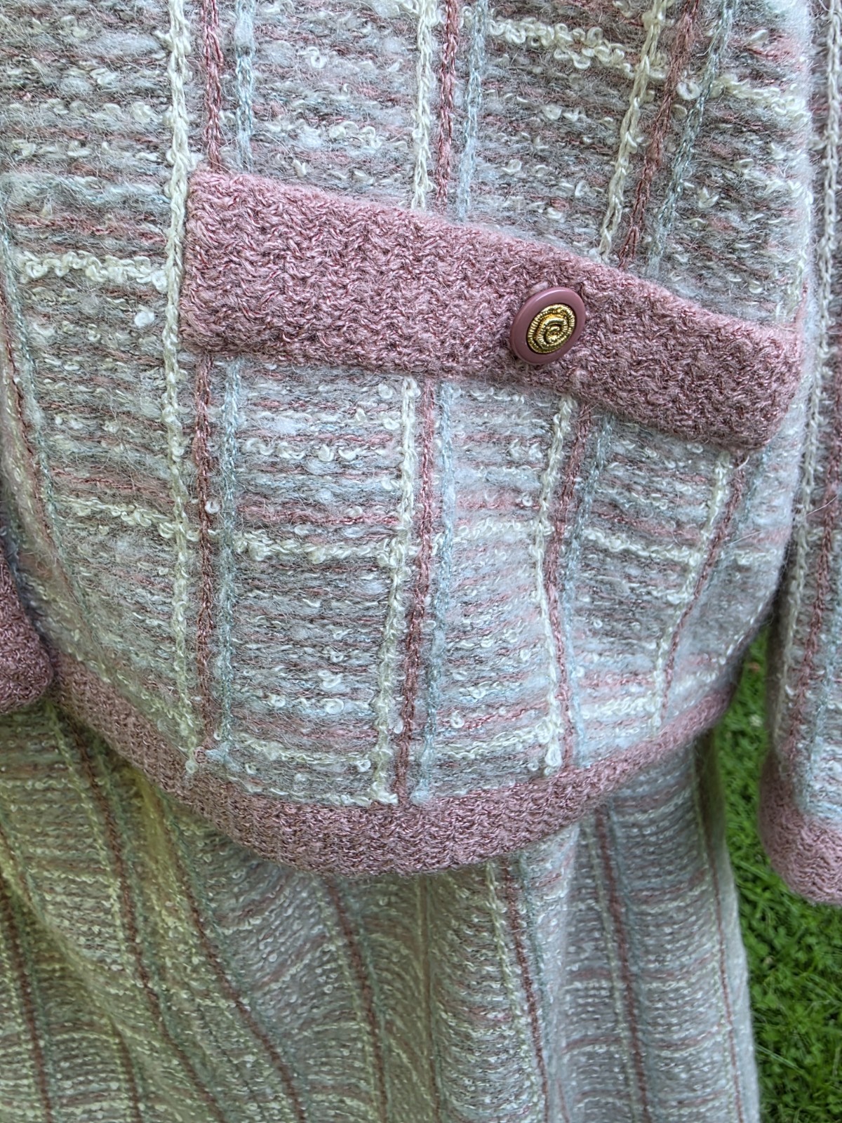 Vtg Castleberry Knits Skirt Suit Set Boucle Tweed Pink Cream Plaid Plus Mohair