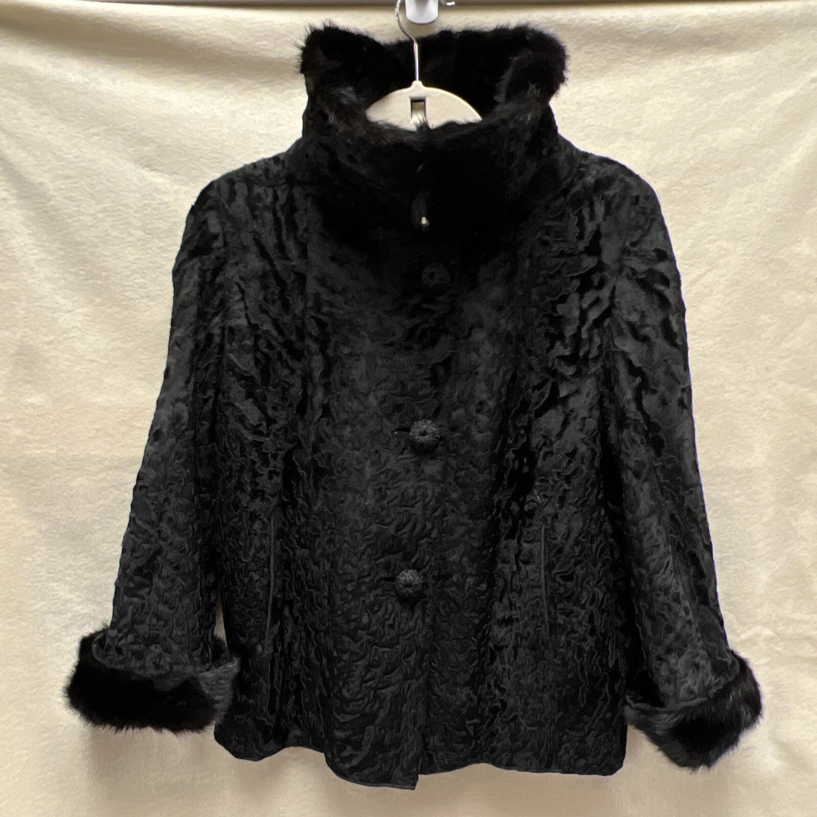 Vintage Bramson Fur Coat Womens S/M Black Curly Persian Lamb Mink Cropped Jacket
