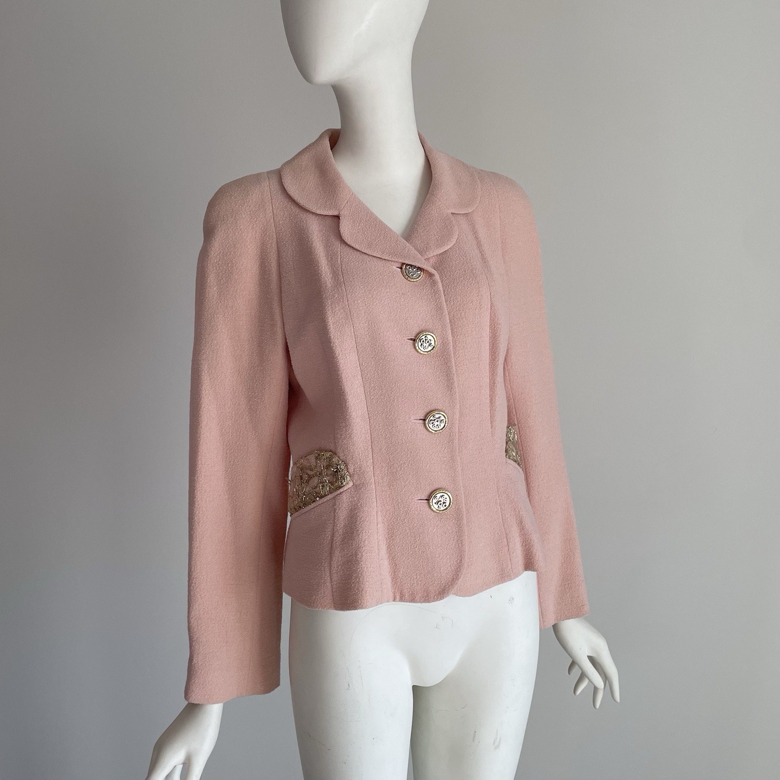 Vintage 1990s Balenciaga Pink Bouclé Jacket Blazer Sequin Gold Silver Size Large