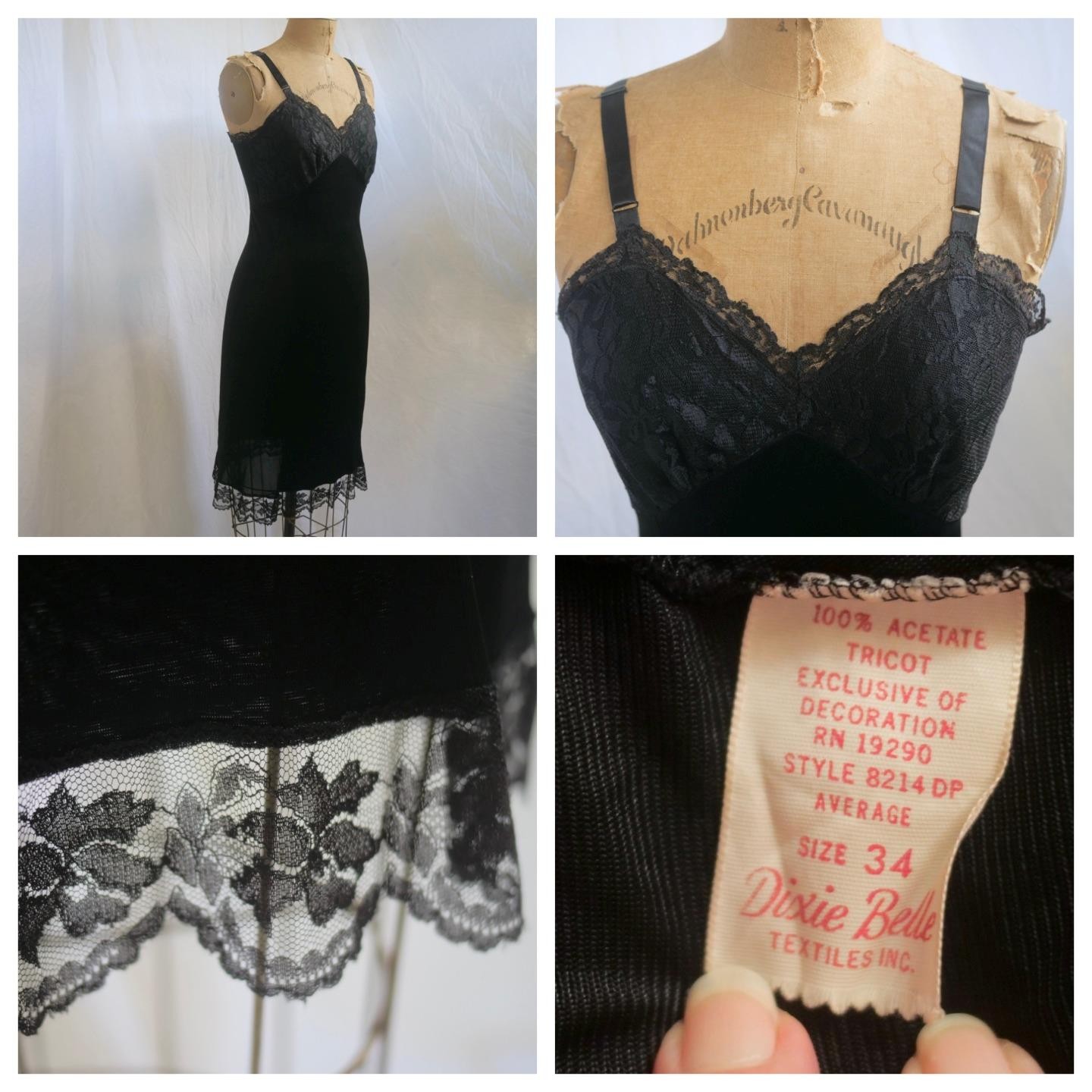 Vintage 60s DIXIE BELLE Black Acetate Tricot Full Slip Dress Floral LACE 34 S/M