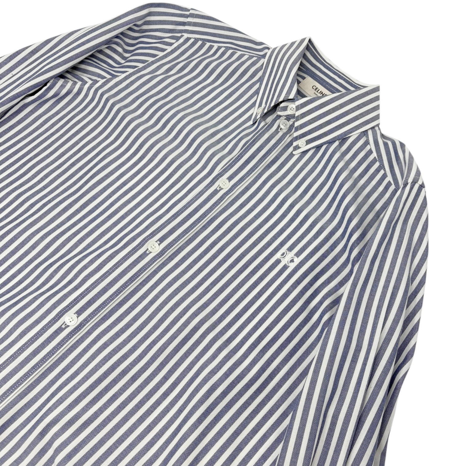 CELINE Triomphe Logo Stripe Button Up Shirt Long Sleeve #36 Blue White Cotton