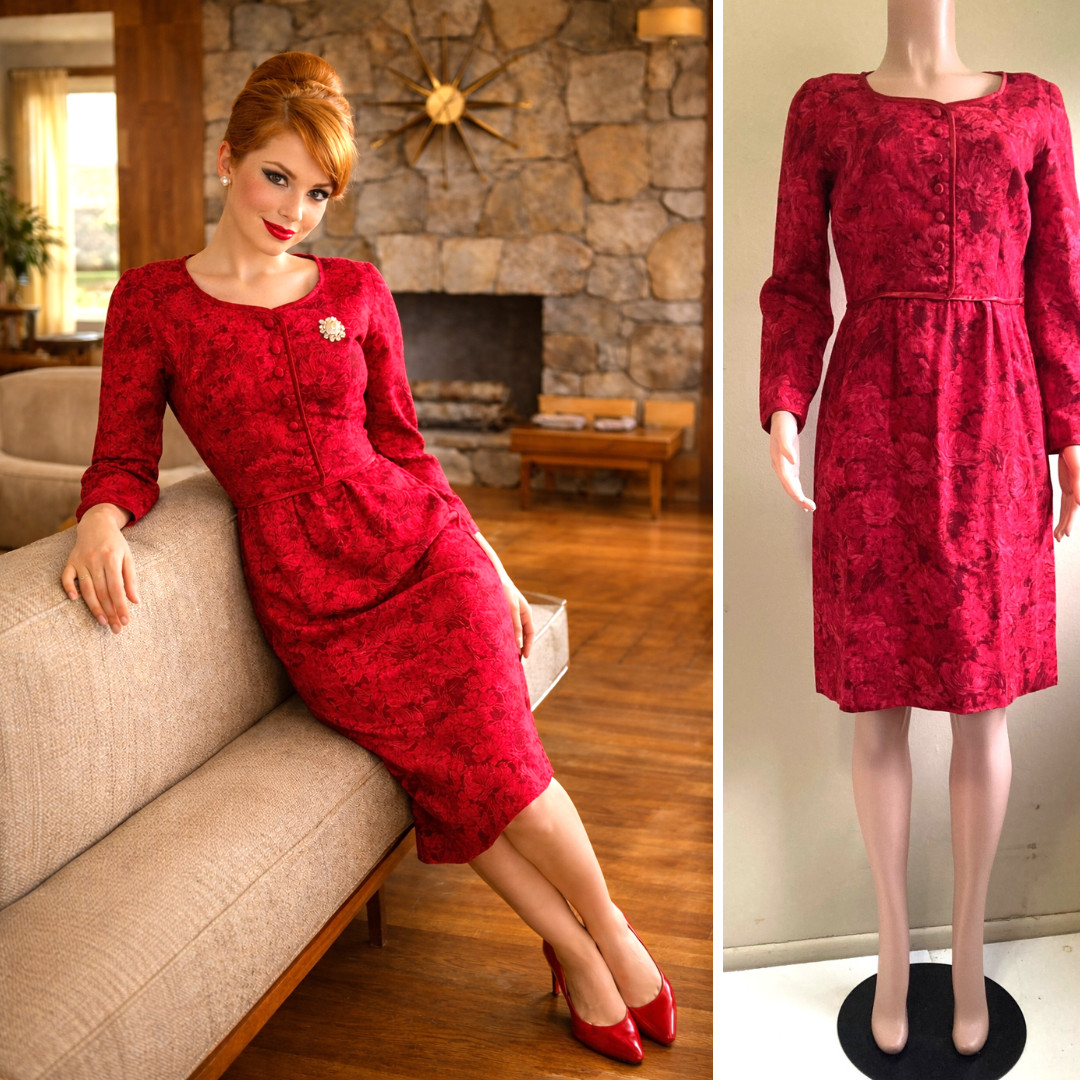 M L Real Vintage 60s Wiggle Dress Red Wine Floral Fine Wool Handmade LS Side Zip