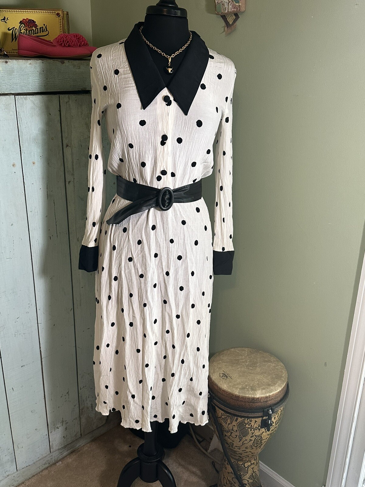 Vtg Caron Chicago 1970/1980’s Polka Dot Dress Drop Waist A-line Women’s M