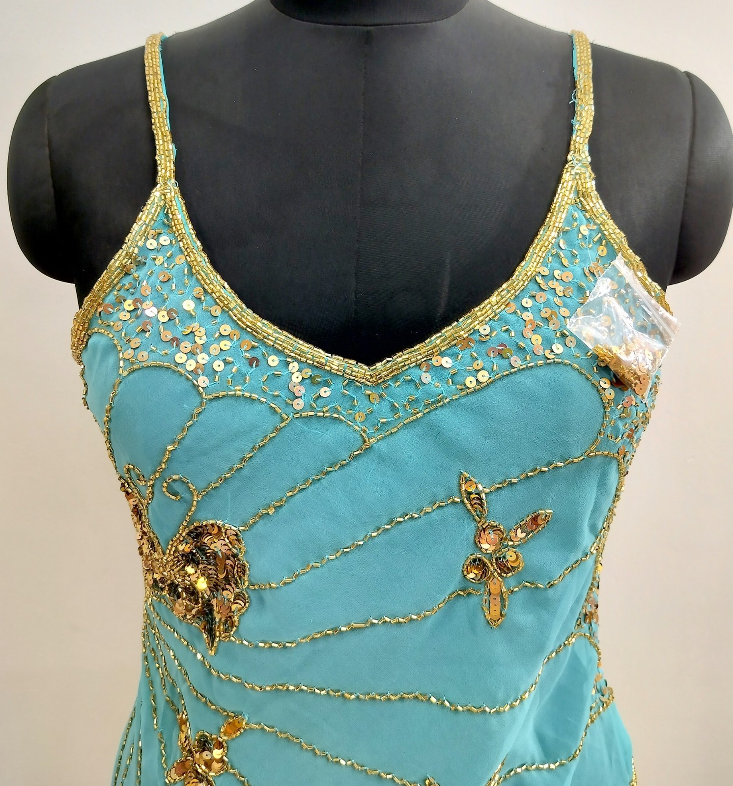 Vintage Y2K Bead Embroidery Costume Sequin Top Blouse Sheer Turquoise Gold Tunic